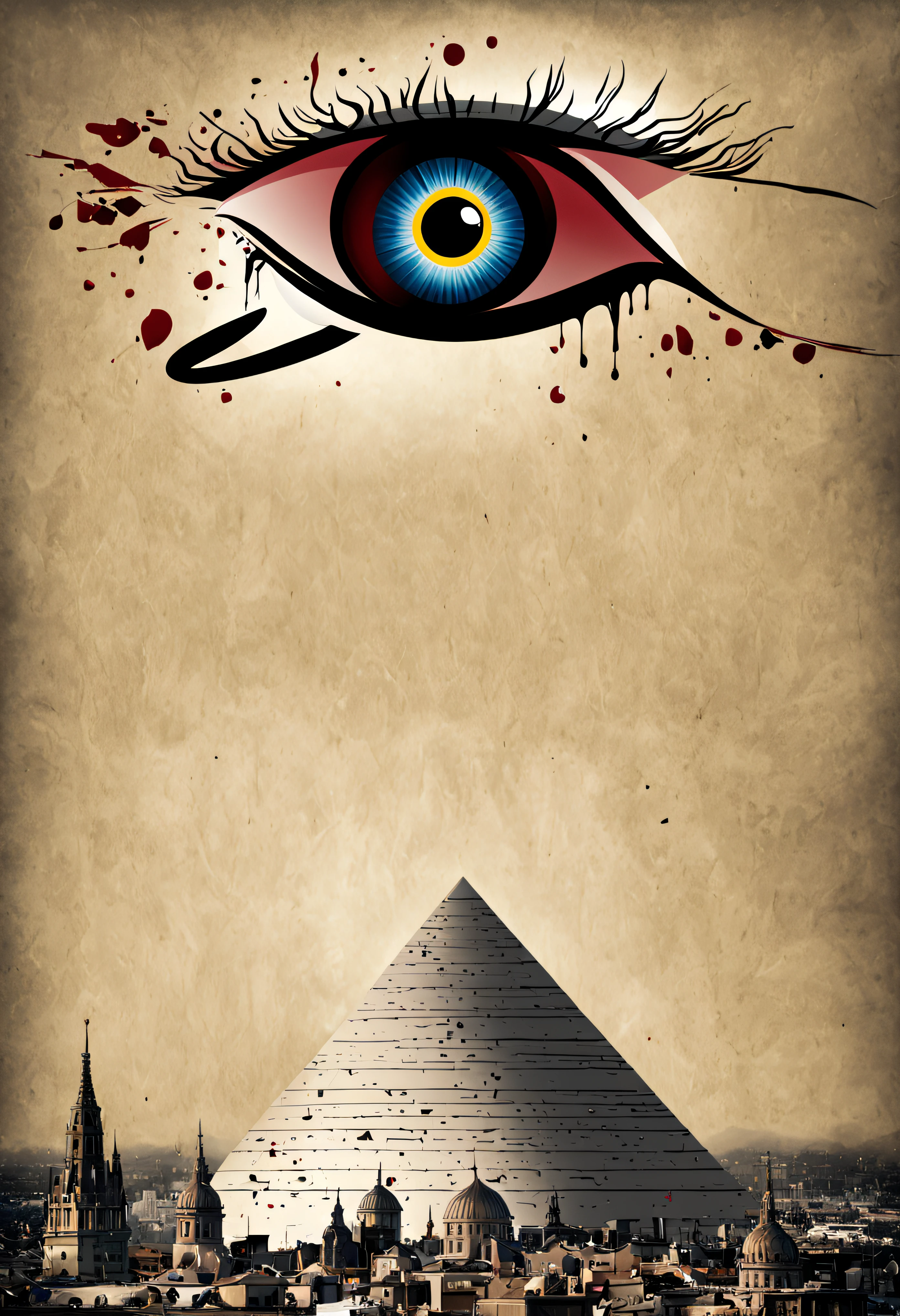 Create an All seeing Eye in solid read with the name Eye of Horus Pyramids below in graffiti ,,The dark color of the image and dark brown with bleeding from the eyes, ,))((Pyramids )), The image of an Pyramids in the eye, , sticker design shape for a t-shirt, rounded, white shape color, isolated in a American flag ,white background,