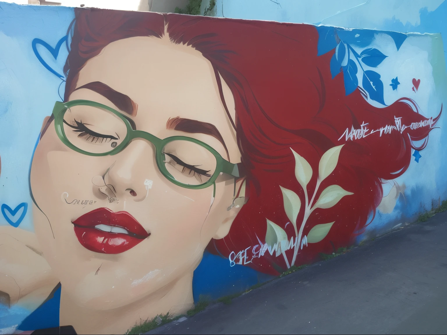 best quality keep the original of woman and green glasses and reddish red hair, Take care in rounding the fine contours of your face and cleaning it with a pantone coral blush matching your face color in art station shading or street graffiti