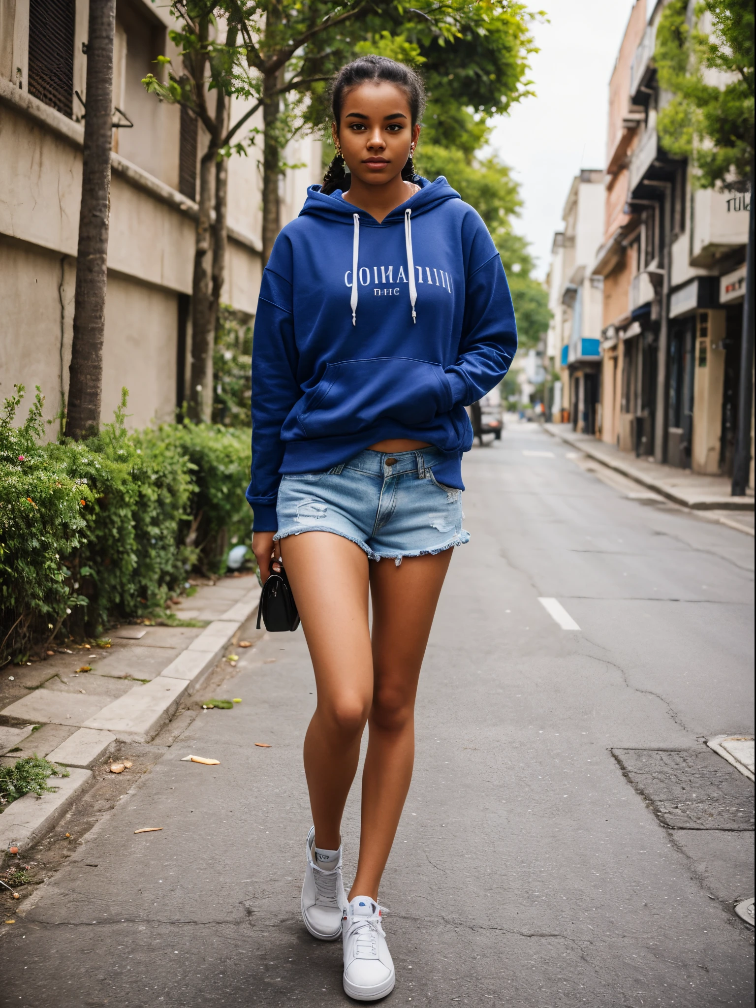 20 year old girl, sexy body, shorts and hoodie, streets, blue bougainville mess in background