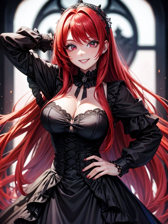 Redhead girl in gothic dress, boca negra y delineador de ojos negro, sonriendo