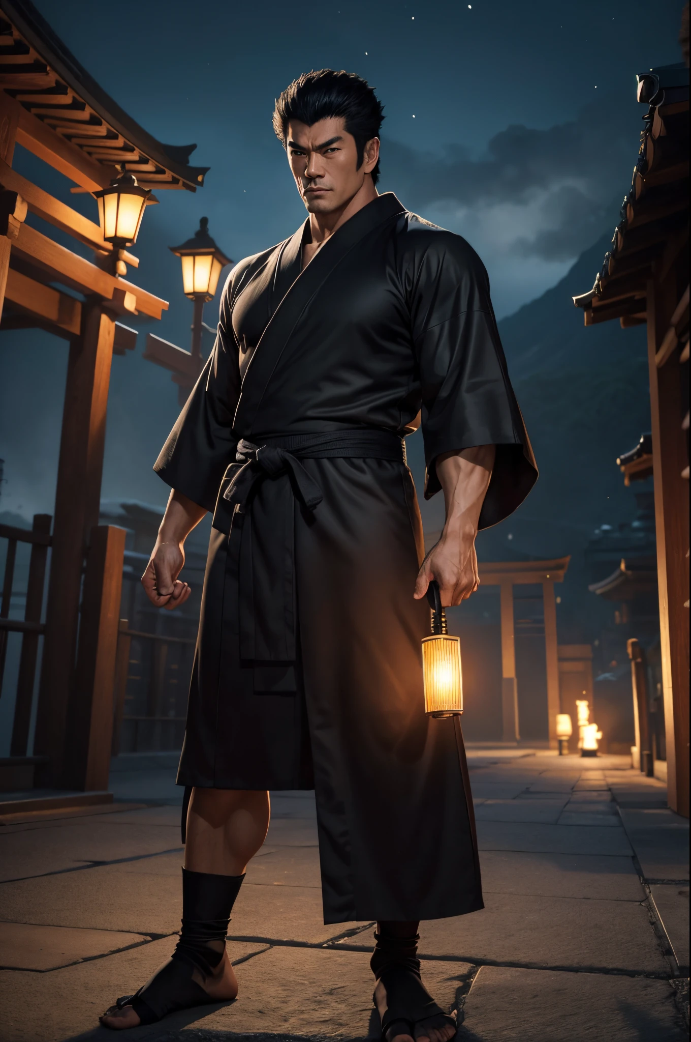 8K,Japan people in kimono,big muscular muscular body,Super handsome Japan,Mature man with short black hair, Red eyes,Best Quality, handsome yukata, Gray and black Japanese bathrobe, Flame black dog pattern on costume(Super precise black dog work)wear men&#39;s kimono,Energetic, White socks, in bad, masutepiece, 超A high resolution, Detailed background, reality, Single, 1 Japanese male, Muscle Man, In front of the temple at night, Torch lighting, depth of fields, handsome action, big dynamic,super realistic skin,underground underworld,Boldly smile,bandage both arms,demon hunter costume,karate,Fantasyart,character art,Very Raoh(Fist of the North Star)