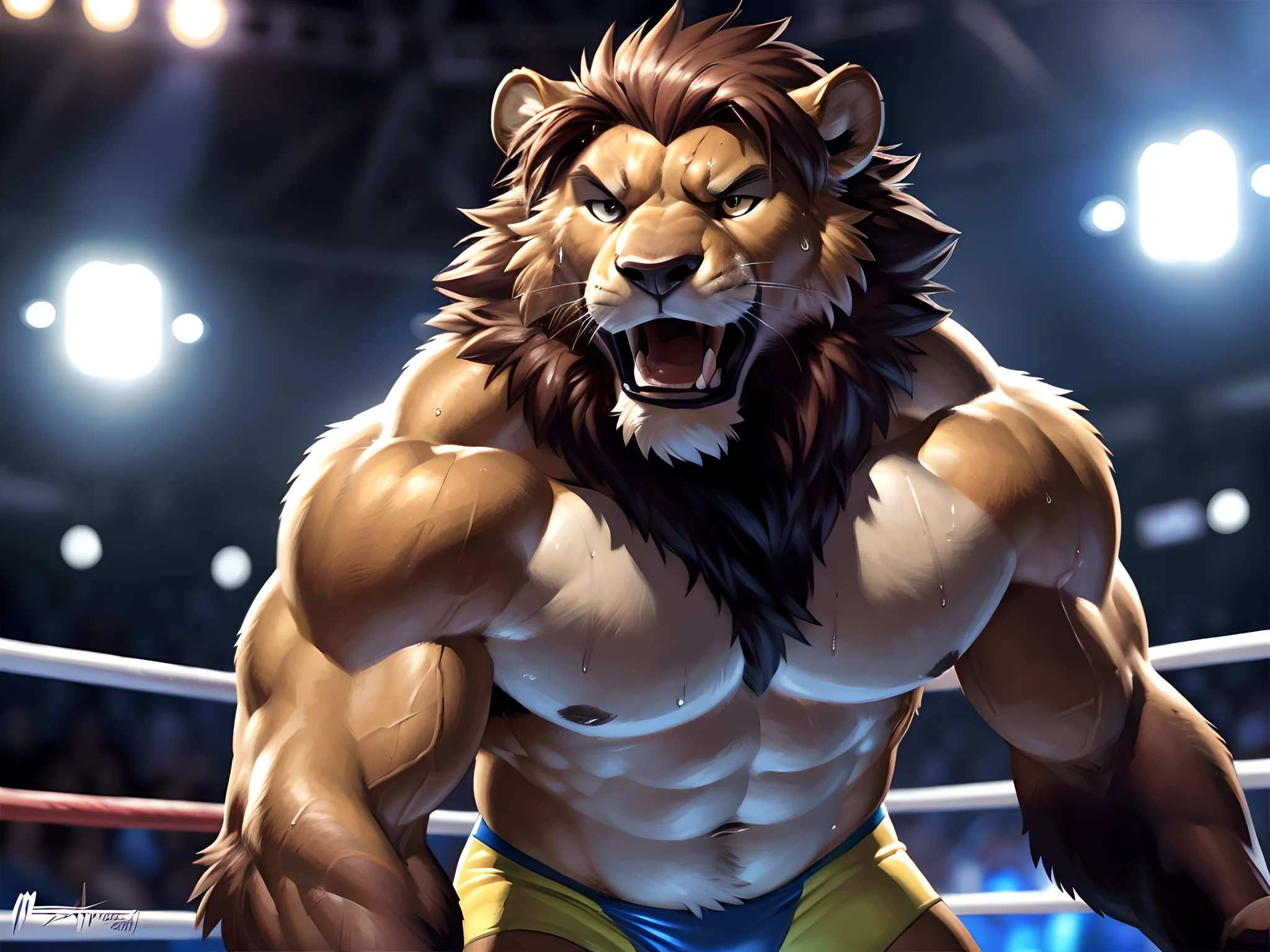 (ultra quality):1.4, color, smooth comics style, (by takemoto arashi, by meesh, by taran fiddler), solo, lion, wrestling scene, very muscular, athletic build, correct anatomy, wrestling, sweat:1.5, sweat dripping, strong, masculine, wrestling ring, (blurry background, out-of-focus background:1.4), fighting scene, angry, detailed face, detailed eyes, speedos, open mouth