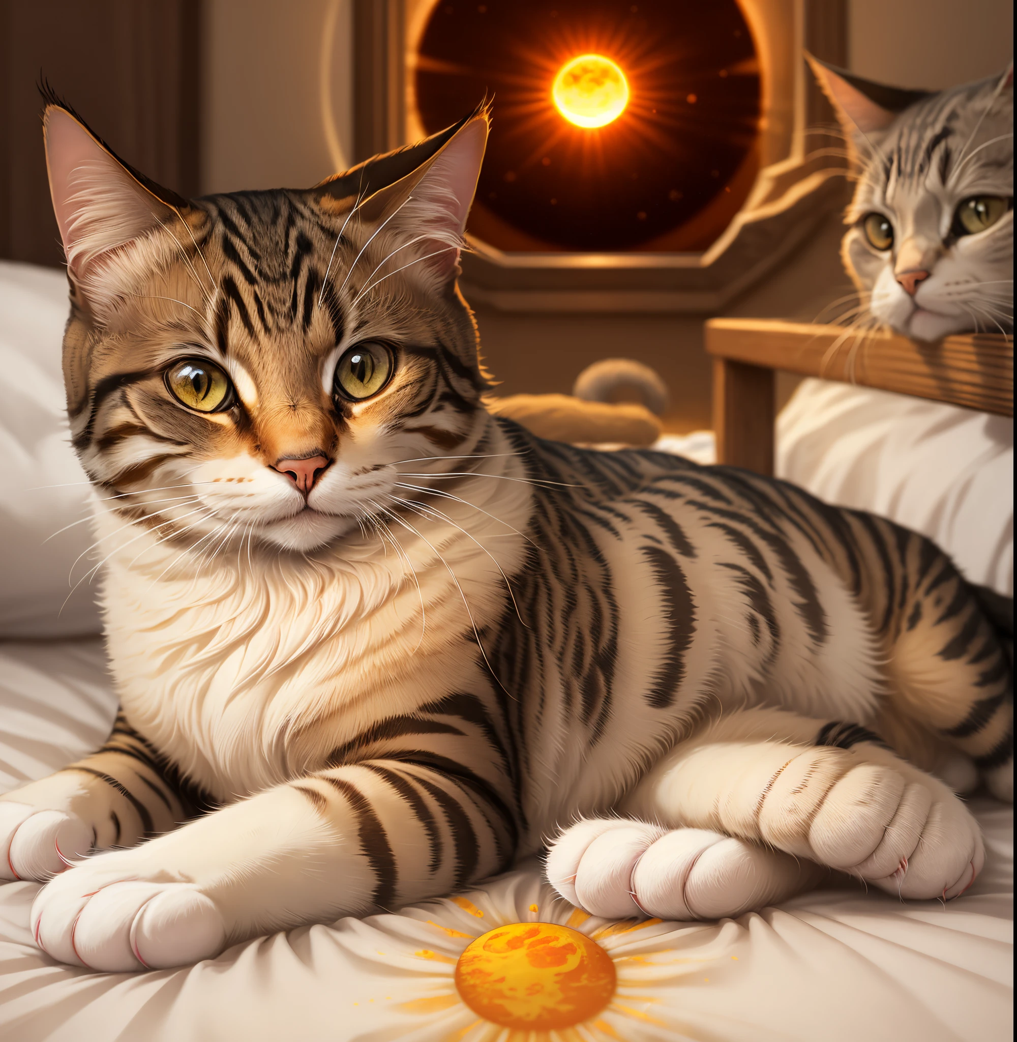 cat,Orange on white,Sun bath,on top of the bed --auto --s2