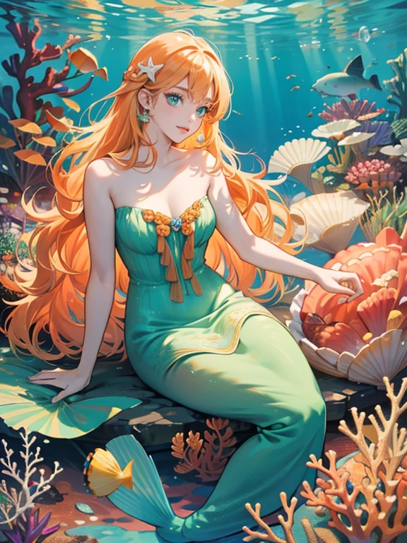 mature mermaid, medium breasts, orange fins, orange scales, ((pale blonde hair with bangs, long hair, wavy hair, bright green eyes)), shell ornaments on her hair, sea flowers on her hair, shell accessories, naked, shells to cover her breasts, pink lips color, smiling happily at viewer, Surrealism, anime style, depth of field, 8k, super detail, high details, Cinematic lighting, night time, shadow over face,, hyper HD, Masterpiece, High details, detailed light, detailed shadow, detailed background, full body image, background: underwater, coral reef, colorful fishes, bubbles, seawater plants
