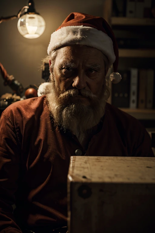 Scary looking Santa Claus sitting behind a desk, no background. dark systopian cinematic style.