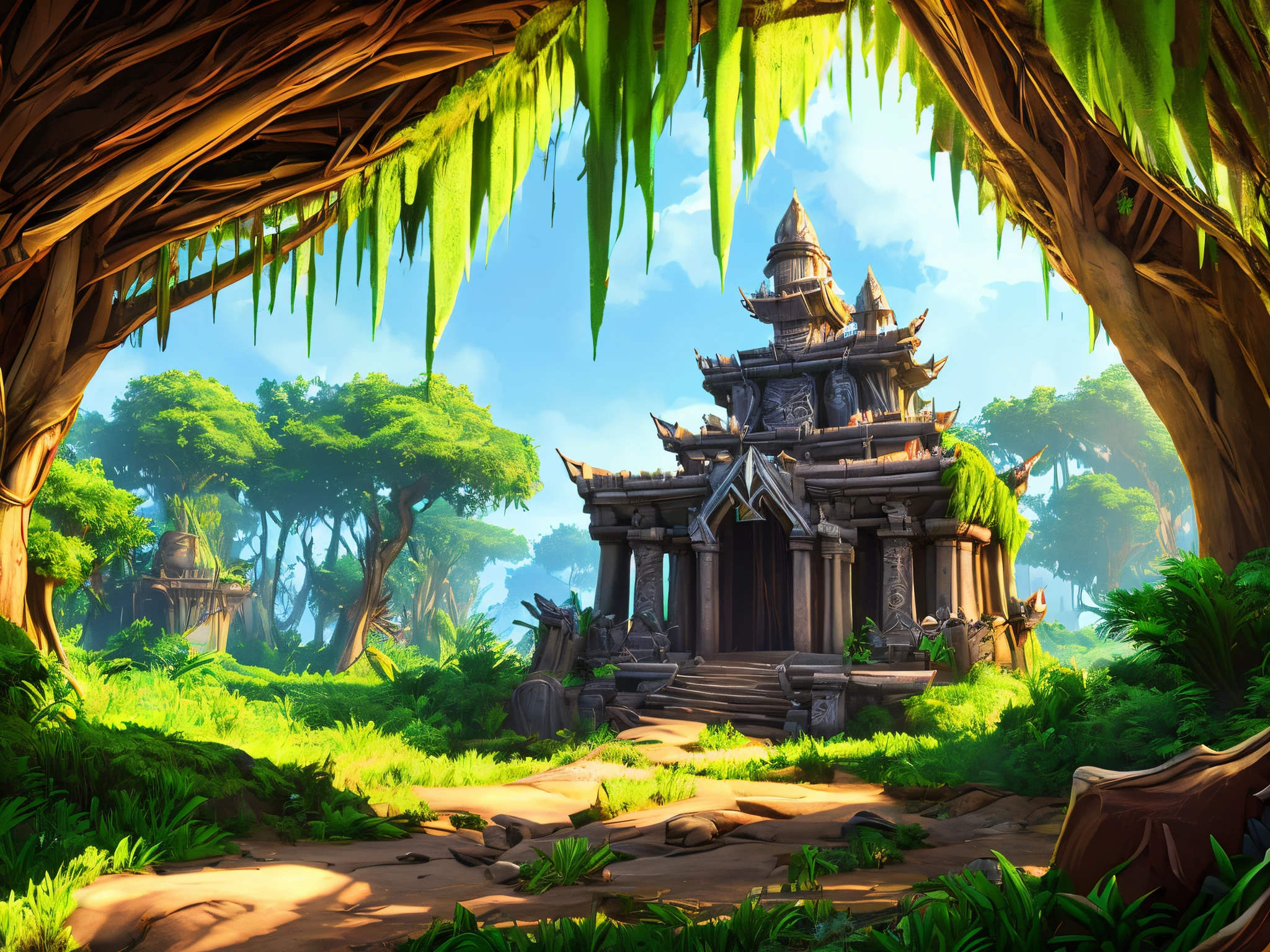 abandoned jungle temple landscape, anime art, tall grass ambience, 8 k resolution, high detailed, trending on artstation, league of legends splash art, ambient occlusion, cinematic lighting, high quality shadows