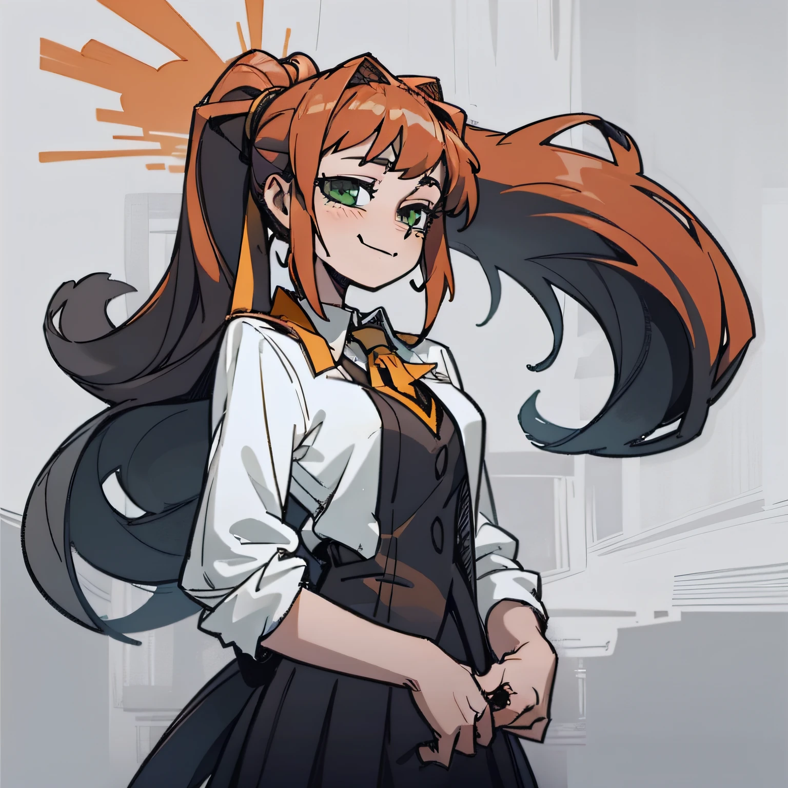 2d, masterpiece, best quality, anime, highly detailed, cowboy shot, 1girl, solo, monika, green eyes, very long hair, ponytail, school uniform, standing, straight-on, smile, white background, simple background
