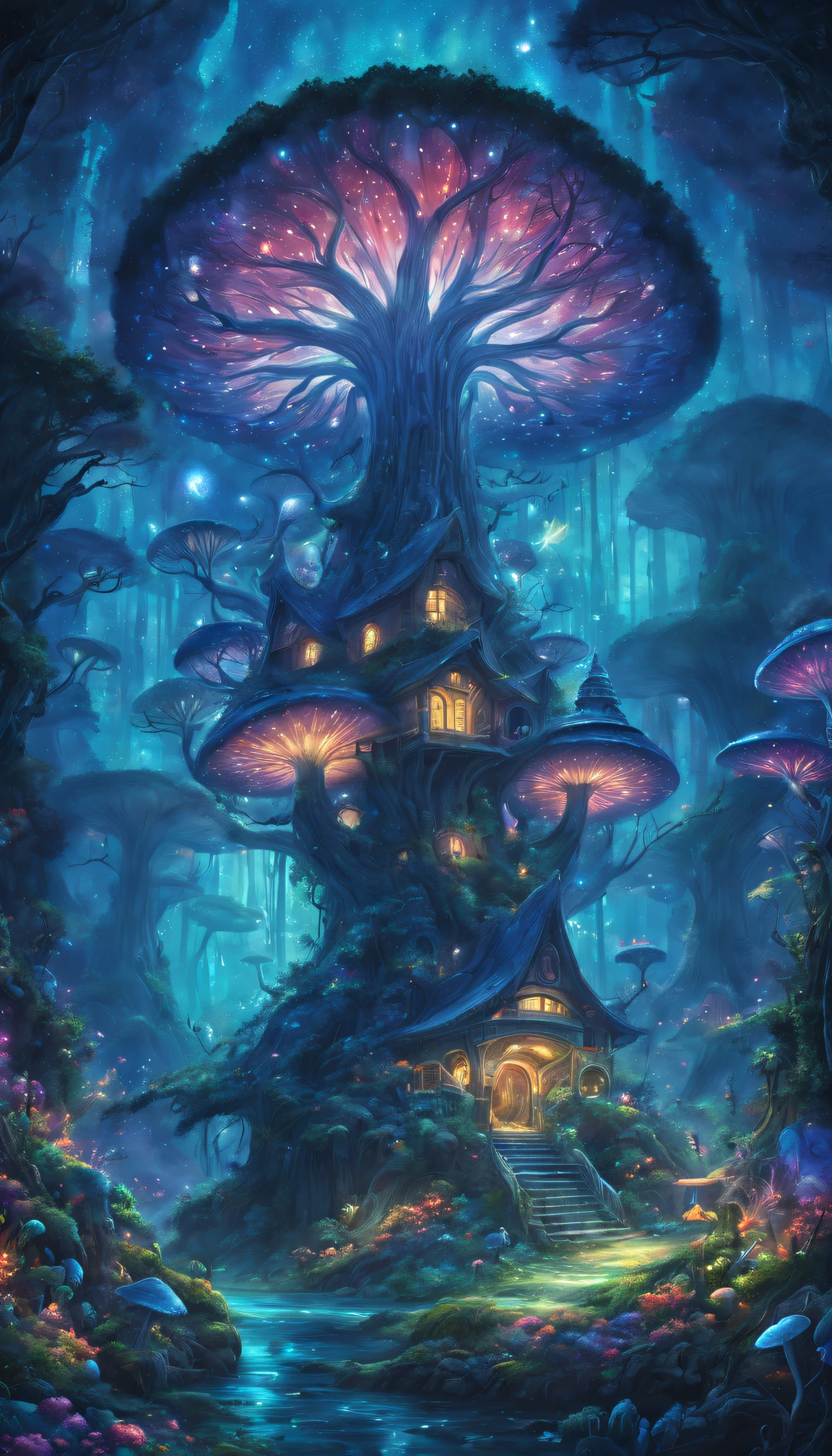 When arriving on the planet Pandora,during night,"Tree of hope" like bioluminescent mushrooms;Towering trees,Can be used as a house to live in、Dense rainforest,Extremely colorful,with dynamism...... In this "Garden of Fantasy"(Best quality at best,A high resolution,tmasterpiece:1.2),ultra - detailed,(actual:1.37).
