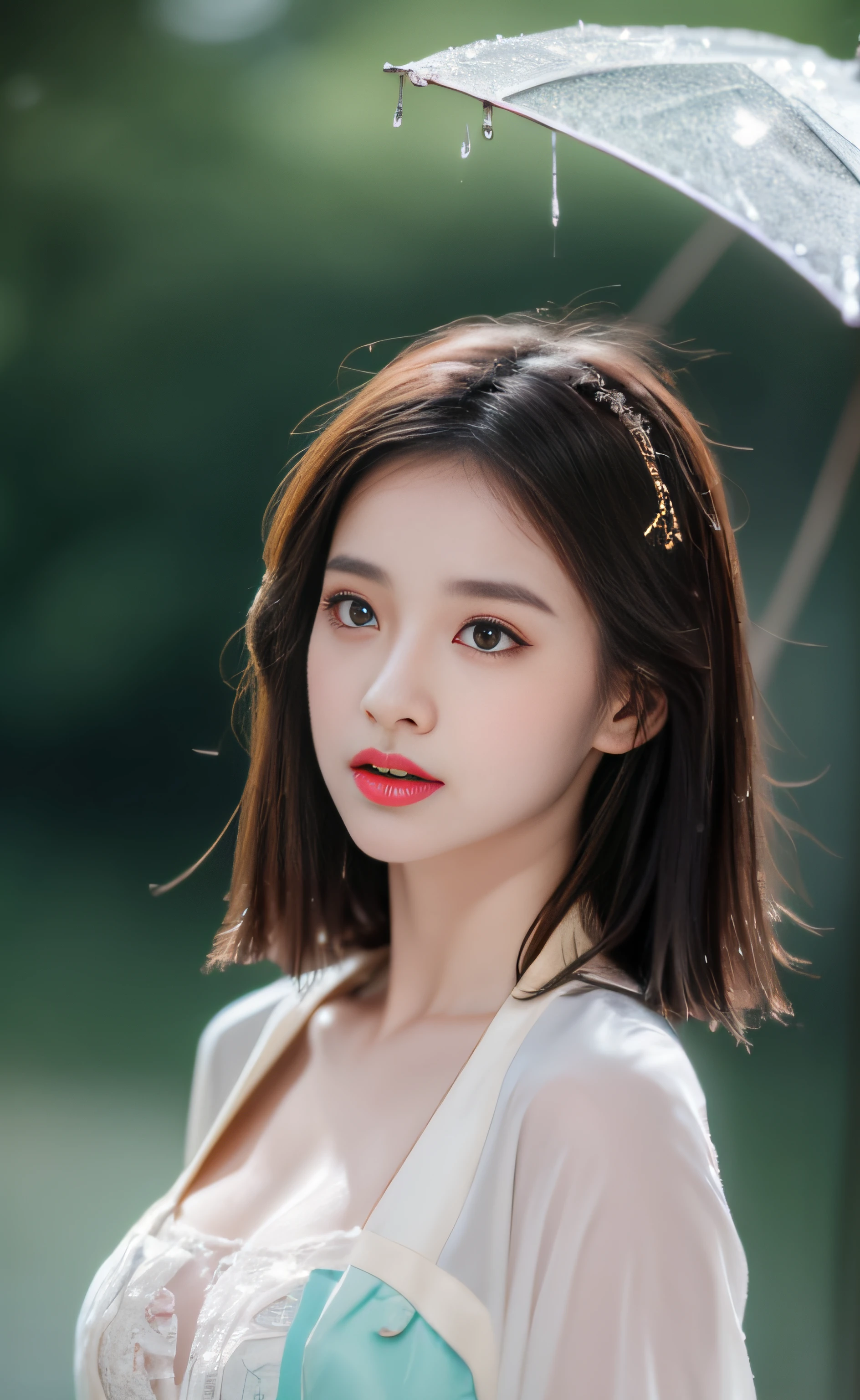 ((Best Quality, 8k, Masterpiece: 1.3)), Focus: 1.2, Perfect Body Beauty: 1.4, Buttocks: 1.2, ((Layered Haircut)), (Wet Clothes: 1.1), (Rain, Street:1.3), (Breasts: 1.2), (Hanfu: 1.2), Bare Shoulders, Bare Legs, Highly Detailed Face and Skin Texture, Fine Eyes, Double Eyelids, Whitened Skin, Long Hair, (Shut Up: 1.5), (Bokeh Background: 1.5), Big Breasts