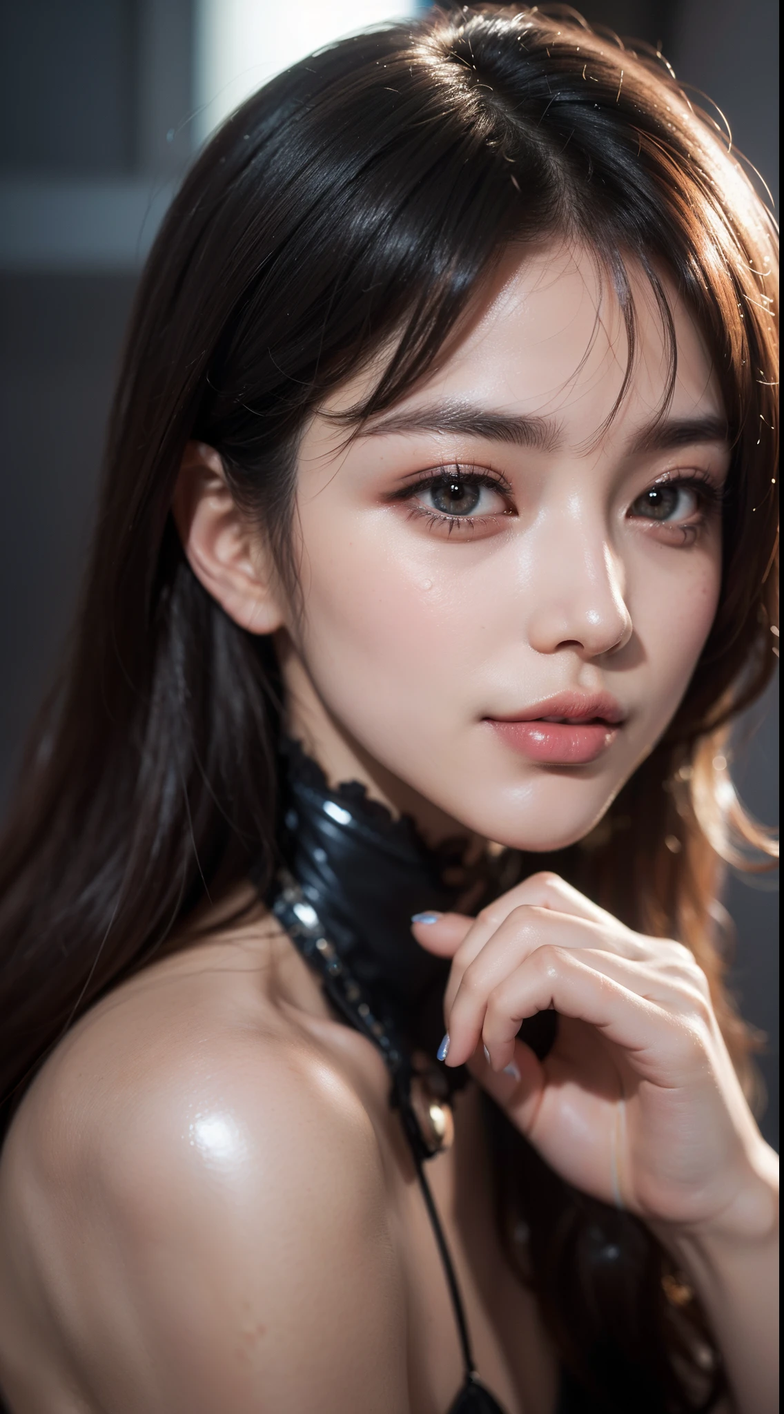 (8k, RAW photo, photorealistic: 1.25), (lip gloss, eyelashes, shiny face, shiny skin, best quality, ultra-high resolution, depth of field, chromatic aberration, caustics, wide range of lighting, Natural shading, Kpop idol) looking at the viewer with a calm and goddess-like happiness,