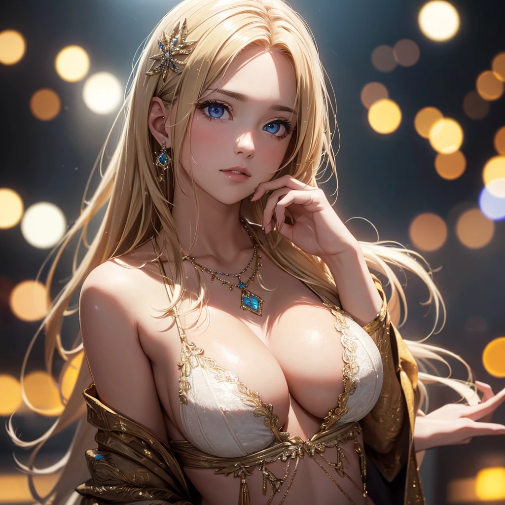 best quality, masterpiece, high_res, 1girl, hair ornament, necklace, jewelry, Beautiful face, upon body, tyndall effect, photo realistic, dark studio, rim lighting, two tone lighting, (high detailed skin:1.2), 8k uhd, dslr, soft lighting, high quality, volumetric lighting, candid, Photograph, high resolution, 4k, 8k, Bokeh, medium breasts, open fingers, (hair color:blonde:1)