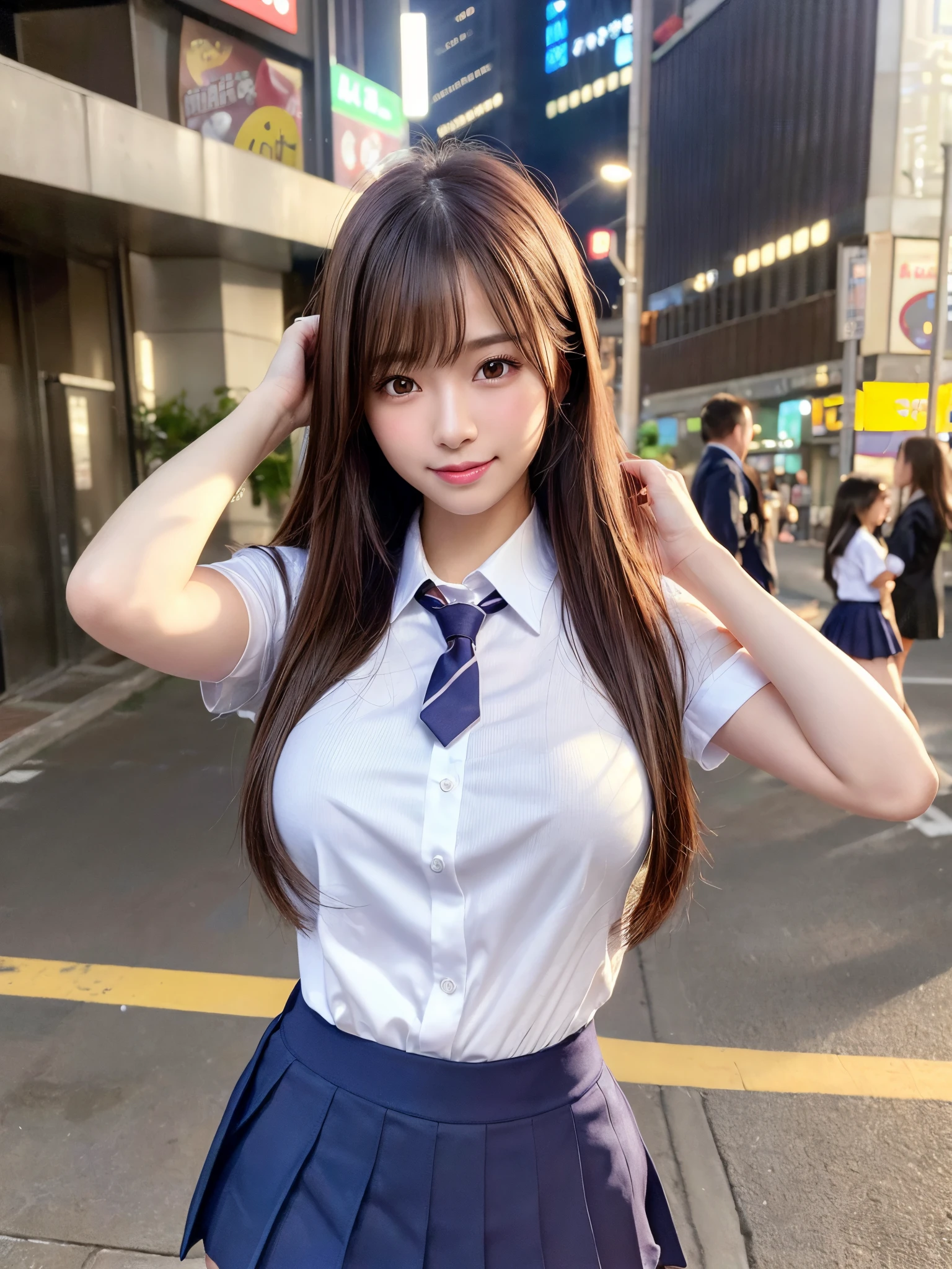 (8k, RAW photo, best quality, masterpiece:1.2), (realistic, photo-realistic:1.4), (extremely detailed 8k wallpaper), sharp focus, depth of field, blur background, bokeh, cinematic lighting, soft light, glossy lips, beautiful detailed eyes,shiny smooth light brown long bob hair, asymmetrical bangs, shiny skin, high resolution, high detailing, detailed hairstyle, detailed face, octane rendering, vibrant, hyper realistic, perfect limbs, perfect anatomy ,1 japanese girl,famous Japanese idol, perfect female body, large breasts,smile,long bob hair, (school uniform : 1.3), looking at viewer, (arms up, Crowded city streets:1.3),cowboy shot