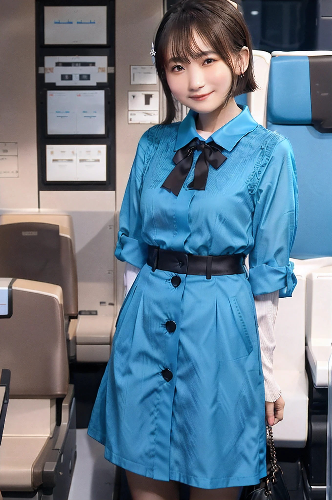 8K,An ultra-high picture quality,ultra-quality,hight resolution,​masterpiece:1.5,Flight attendant standing on an airplane,front facing,A Japanese Lady,24-year-old woman,short-hair, Dark hair,kawaii,A smile,a bow tie,bra very,small tits,Pleated Micro Mini Skirt,A slender,beauty legs,Textured skin