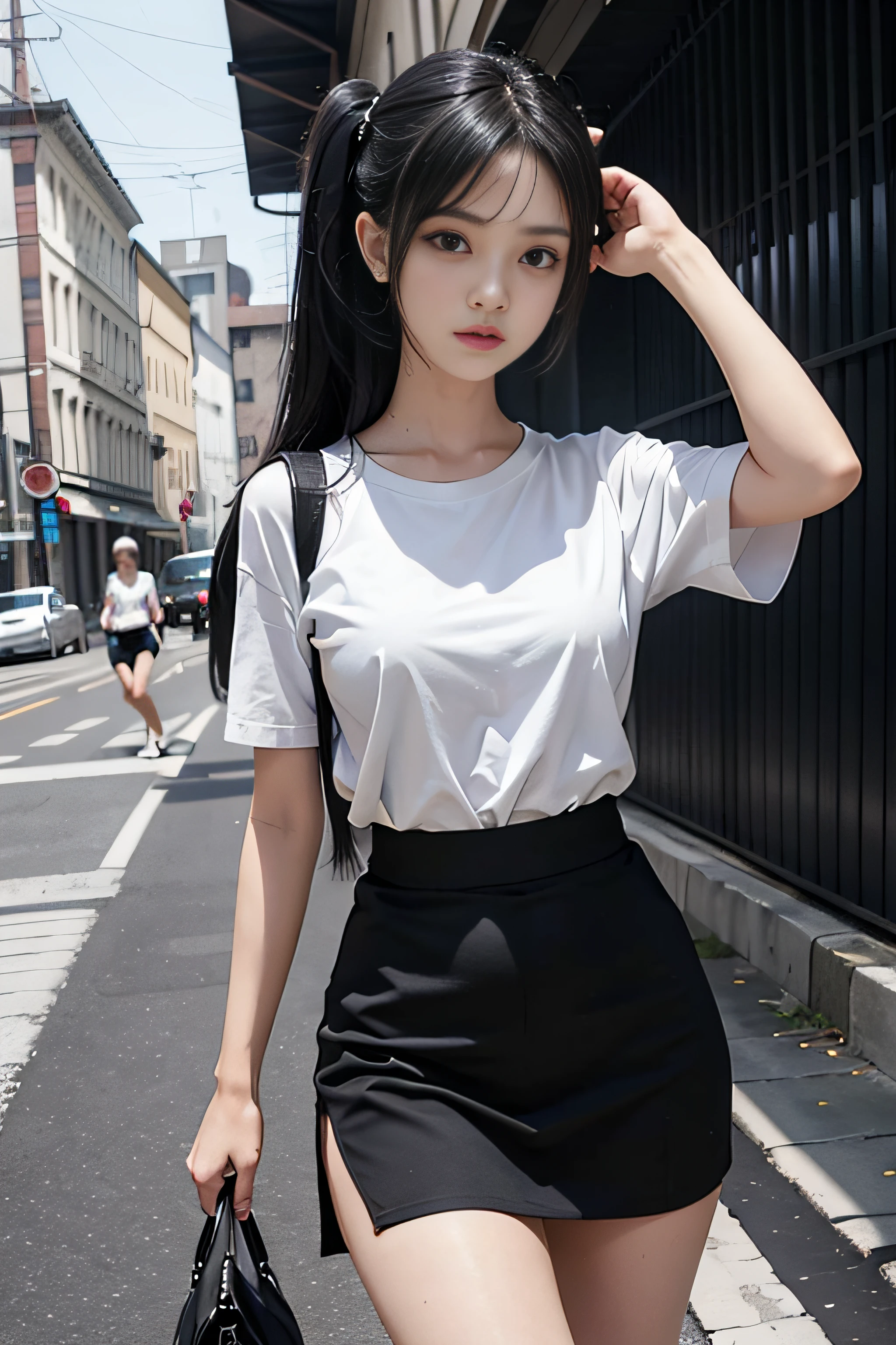cute girl, White short-sleeved shirt, wide black shorts