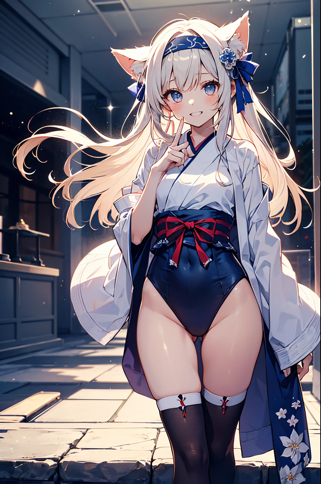 ((2D beautiful girl、top-quality、Perfect Finger 1.1、Perfect Anatomy 1.1、extremely delicate and beautiful illustration))、cute petit girl、(transform sequence)、((white shrine maiden leotard、blue decoration))、14years、a junior high school student、Fractal Art、baby-face、((stright long hair))、beatiful detailed eyes、Show your teeth and give your best smile、Full Body Display、(1 persons)、blue open sky、pretty headband、Canine ears、