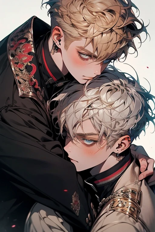 (((Two men、2 adult males、Brothers of a blonde man and a silver-haired man))),(((face perfect、perfect eyes)))、red blush、Troubled face、Academy of Magic Uniform、Gradient Hair、、Elegant coat、Clothes with fur、Conspiracy look、Provocative facial expressions、Ridicule、Laugh、Men with broad shoulders、 Various poses、Luxurious decoration in gold、Luxurious two-seat chair、The long-haired、