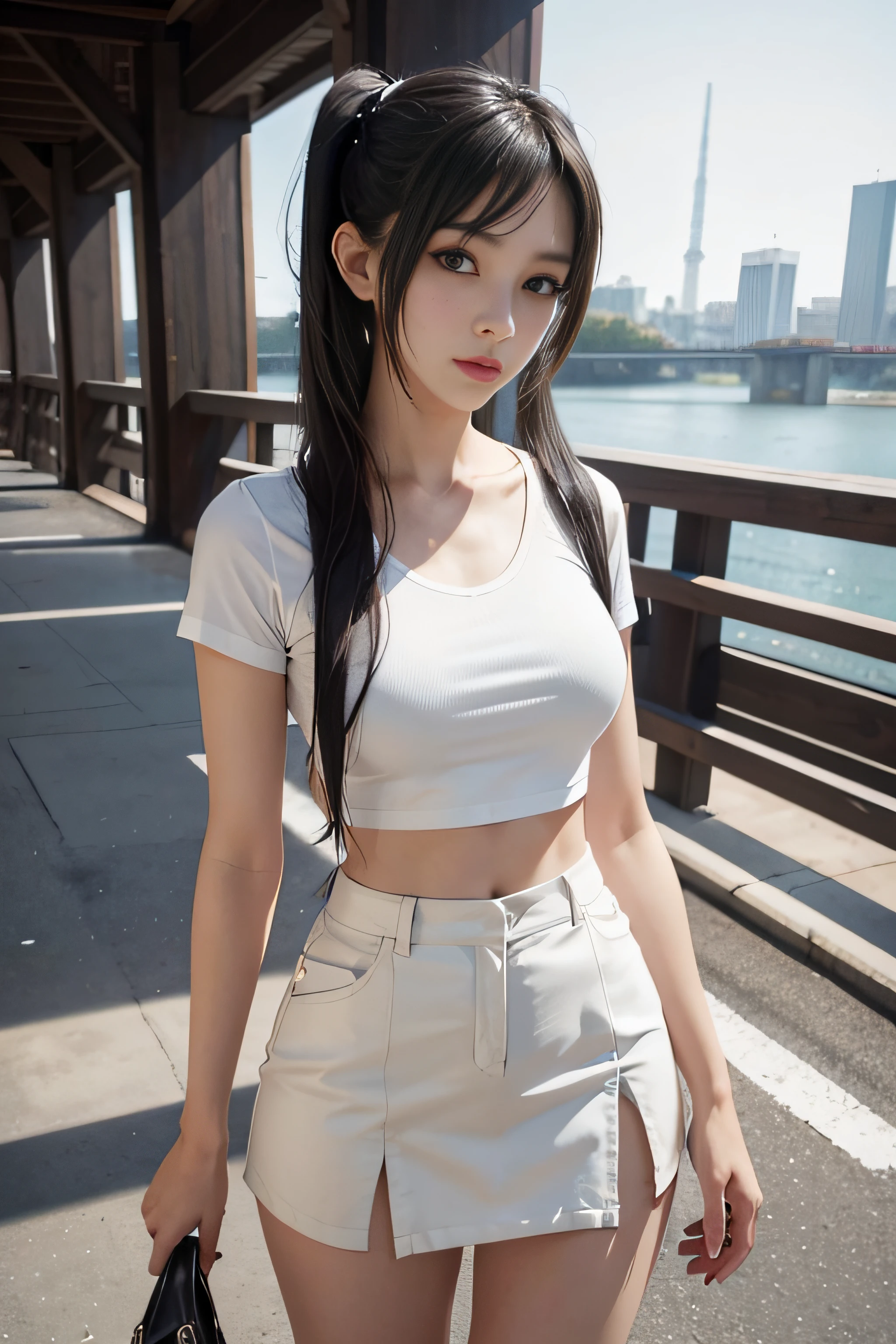 Bridges,Girl wearing loose white shirt and black skirt posing for photo,Slim girl model,ff Tifa,24 years old female model,double-ponytail,side bang,