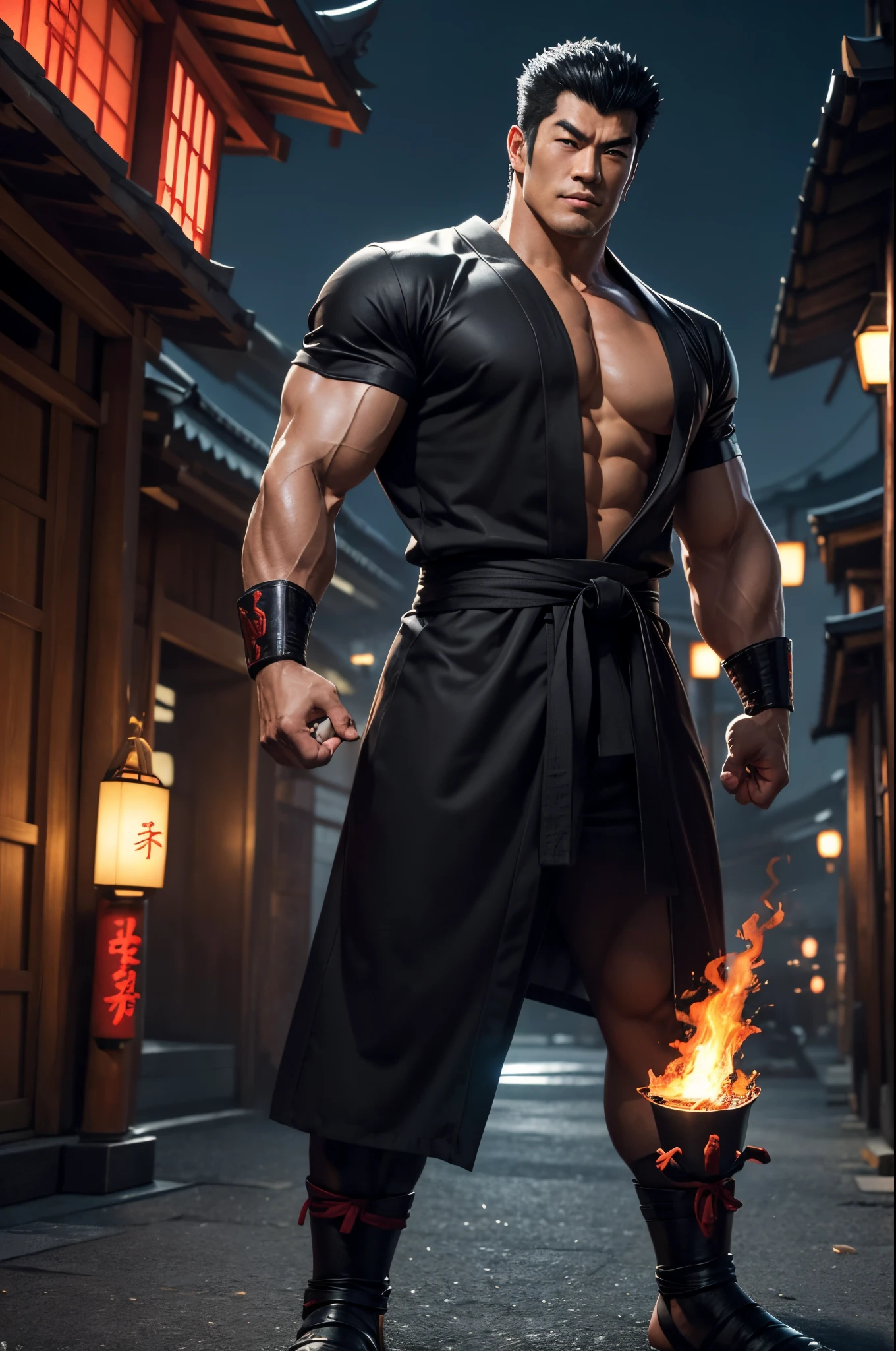 8K,Asian man wearing a kimono,big muscular muscular body,Black dog ears,super handsome asian,Mature man with short black hair, Red eyes,Best Quality, handsome yukata, Gray and black Japanese bathrobe, Flame black dog pattern on costume(Super precise black dog work)wear men&#39;s kimono,Energetic, White socks, in bad, masutepiece, 超A high resolution, Detailed background, reality, Single, 1 Japanese male, Muscle Man, In front of the temple at night, Torch lighting, depth of fields, handsome action, big dynamic,super realistic skin,underground underworld,Boldly smile,bandage both arms,demon hunter costume,karate,Fantasyart,character art,Very Raoh(Fist of the North Star)