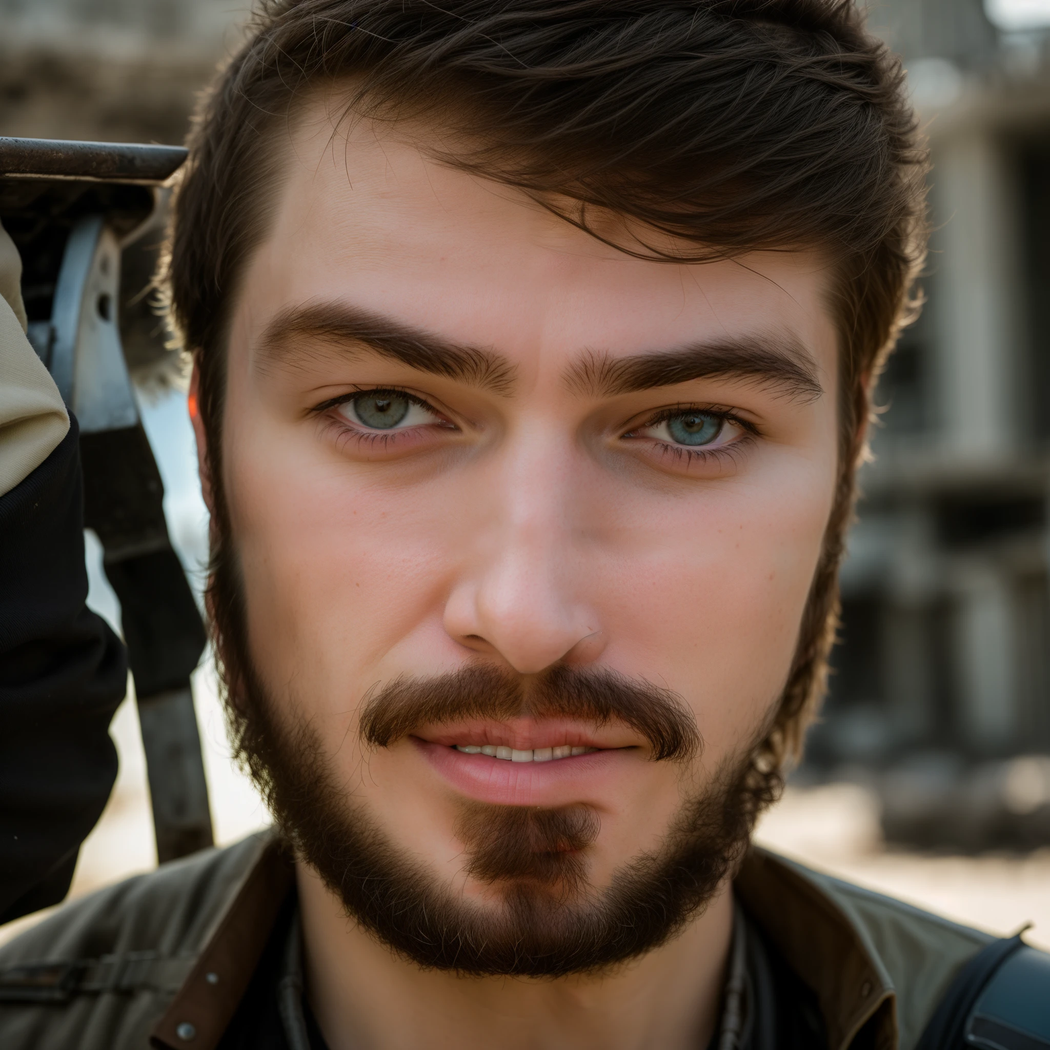 RAW photo, a close up portrait photo of brutal 45 y.o man in wastelander clothes, long haircut, pale skin, slim body, background is city ruins, (high detailed skin:1.2), 8k uhd, dslr, soft lighting, high quality, film grain, Fujifilm XT3