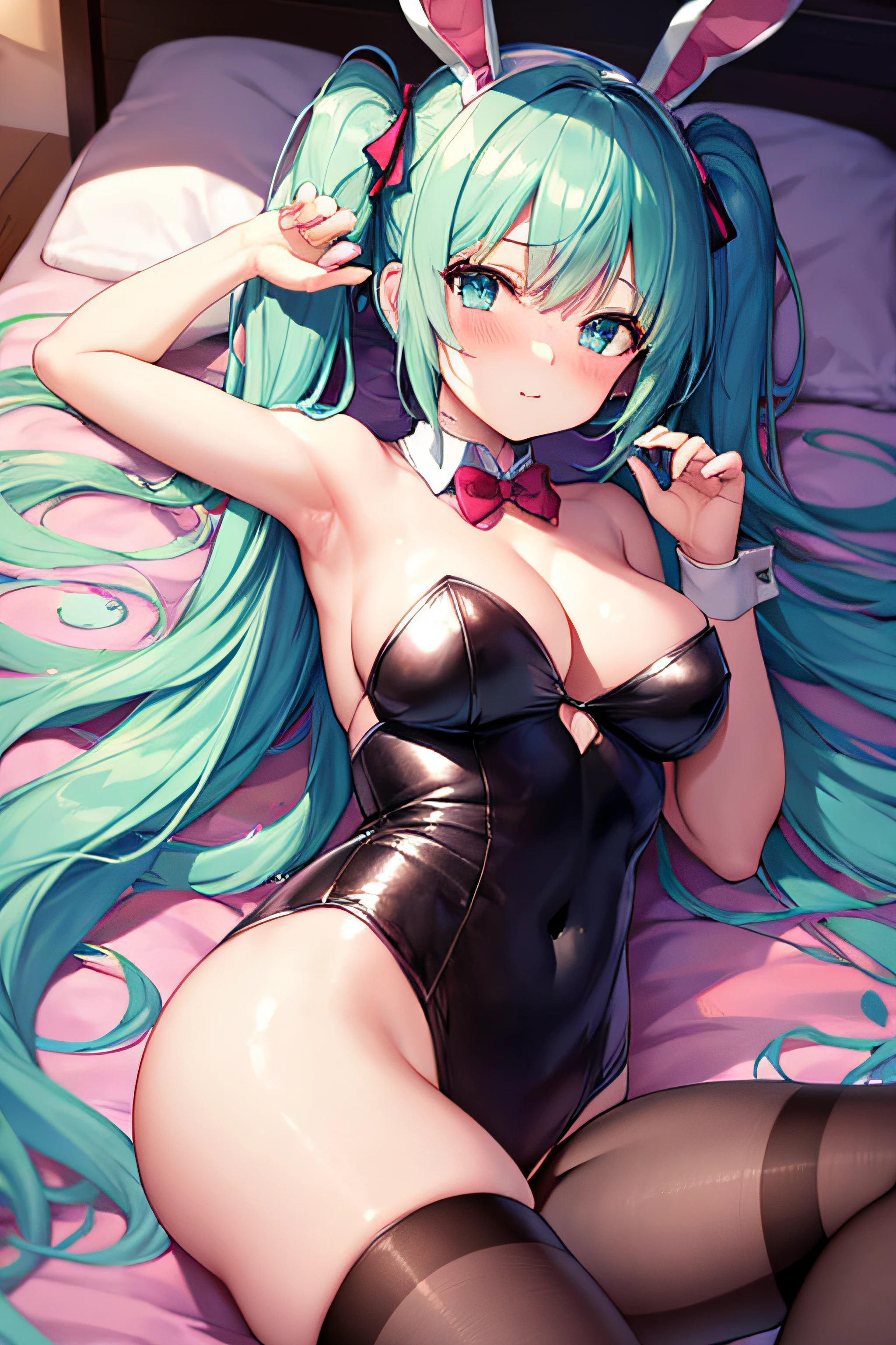 masterpiece、Top image quality、超A high resolution、miku hatsune、blue hairs、Twin-tailed、Blushing、Cute and shy、Bunny Girl Costume、Wearing a rabbit ear headgear、firm breasts、well-shaped breasts、spread your legs wide、M-shaped spread legs、Women's Tights、Lying face down in bed、Bedroom、Night