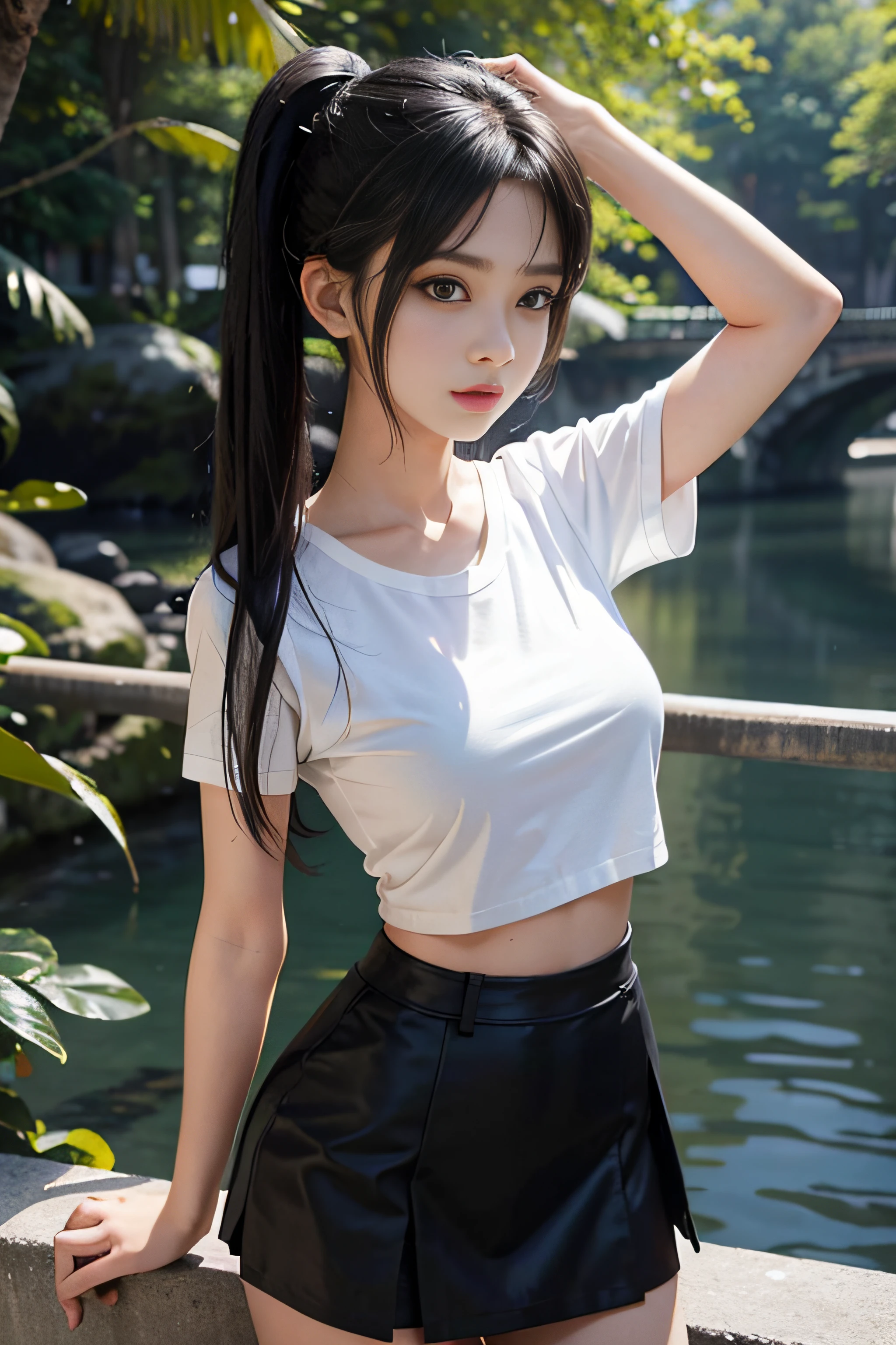 ultra-realistic, 1 girl, black hair, bleached highlights, Blue eyes, sparkling eyes, crop top, Class, skirt, parted lips, blush, autumn, sunlit