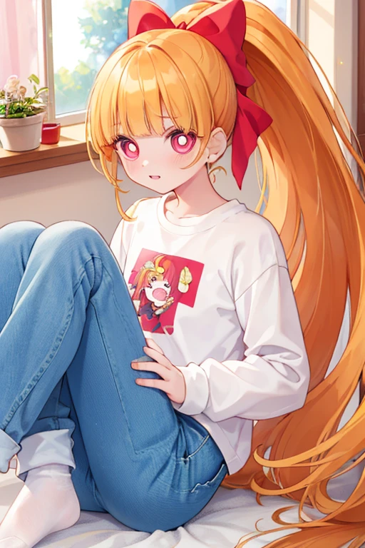 1girl, ppgzmmk, long hair, blonde hair, hair bow, blunt bangs, ponytail, red eyes, bright pupils, (white shirt, long sleeves, striped sleeves:1.1), (denim, long jeans:1.1),socks, shy, in room