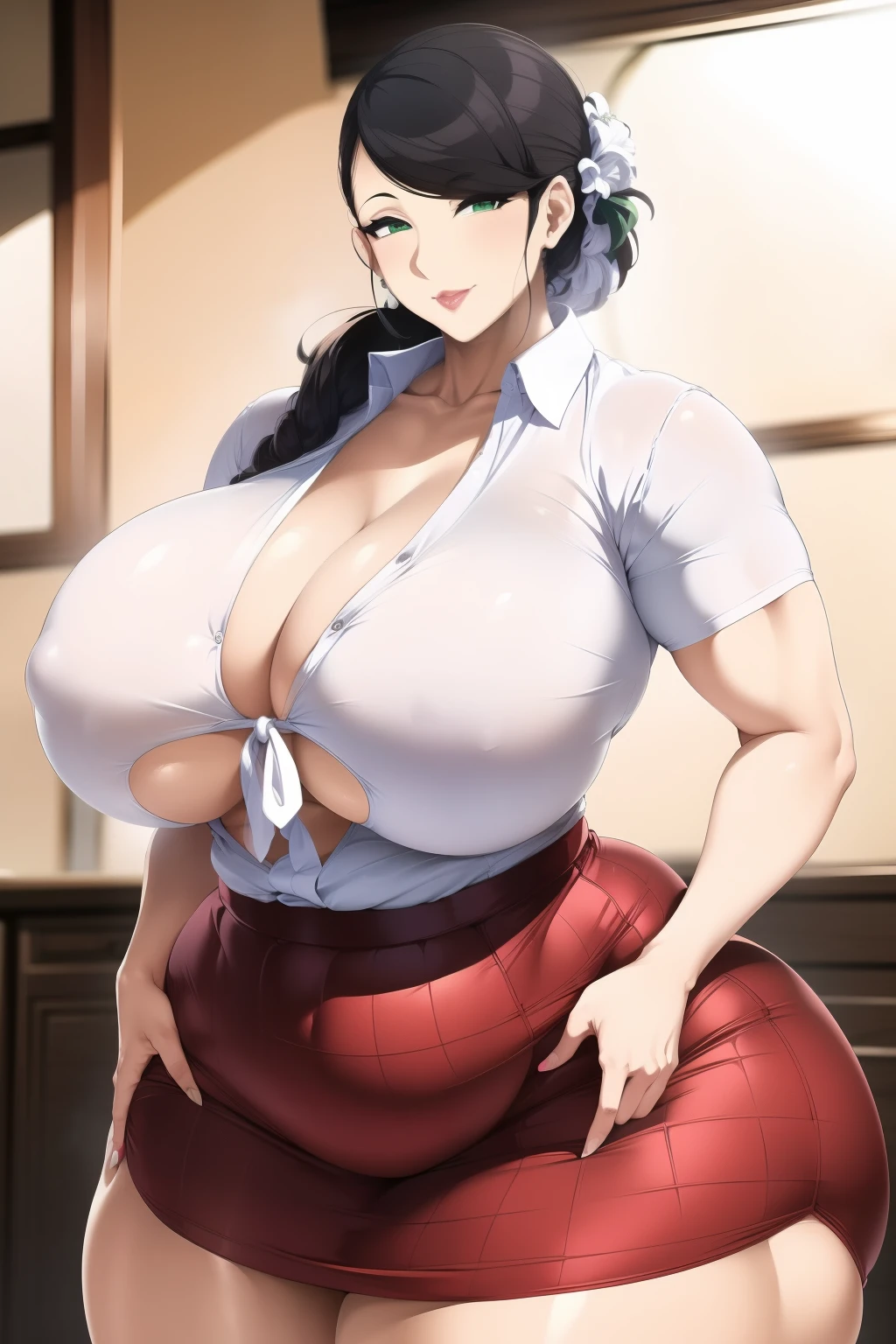 Best Quality, Solo, huge-breasted, gargantuan butt, very curvy, Tanned skin, Stylized high ponytail, Green eyes on pears, Full lips, Seductive, sly smile, Exposed white button-up, Loosen your tie, Pair Green Plaid Skirt, Hair ribbons, thick thighs, Curvaceous physique