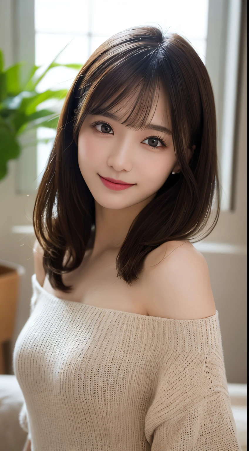 masutepiece, Best Quality, Illustration, Ultra-detailed, finely detail, hight resolution, 8K Wallpaper, Perfect dynamic composition, Beautiful detailed eyes, off shoulder knit ladies'S Fashion,straight haired,small tits、Natural Color Lip, Bold sexy poses,Smile,upscale homes(a room)、20 years girl、Cute、Sexy shot looking at camera,Ultra-realistic raw photos