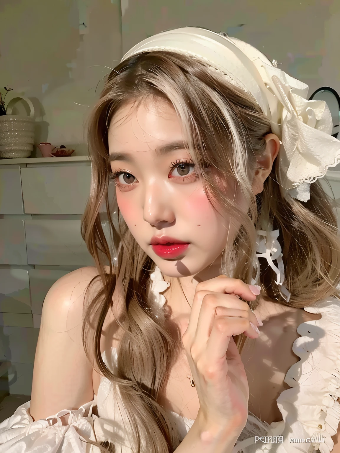 Mujer arafed con una diadema blanca y un vestido rosa., ulzzang, maquillaje popular de Corea del Sur, Sakimichan, maquillaje coreano popular, Fairycore, pale milky white porcelain skin, Linda cara de anime natural, Retrato realista kawaii, Cara delicada y encantadora, Dulce conejita ultrarrealista, maquillaje suave, con cara linda - fina -, Peinado kawaii