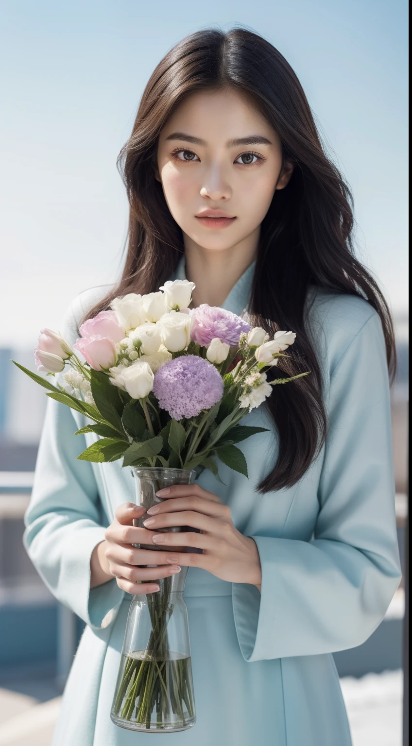 Close-up of a woman holding a vase of flowers, There are flowers, magazine photograph, author:Ayami Kojima, Official artwork, jinyoung shin, with frozen flowers around her, author:Against the sky, Di Li Gerba, Nam Jae-yeon, first wave, Huang Shishi, mackenzie foy, author:Zhang Han, Parking distance - minutes, by Jin Nong