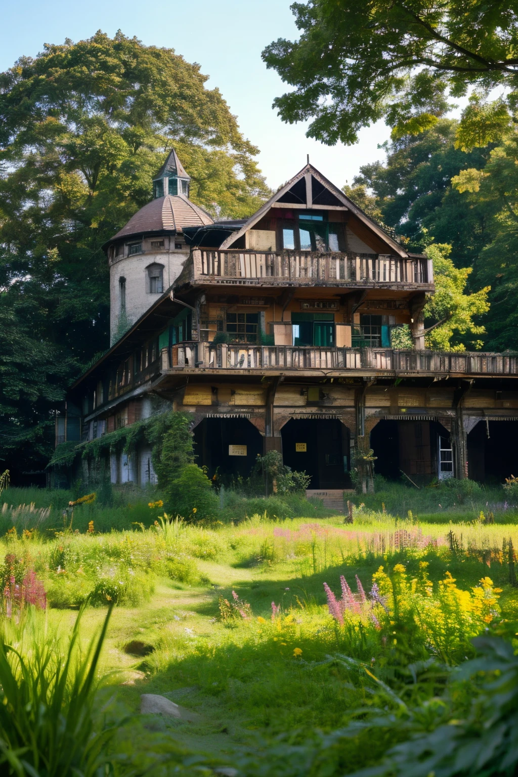 Cyberpunk, Broken, There is a dense primeval forest.、Lots of photos of vintage house buildings, Cyberpunk, Broken, There are a lot of stones, Lush forest background, Thick wooden background, a wide meadow, Arena background, Game Background, Exaggerated forest background, Cartoon style