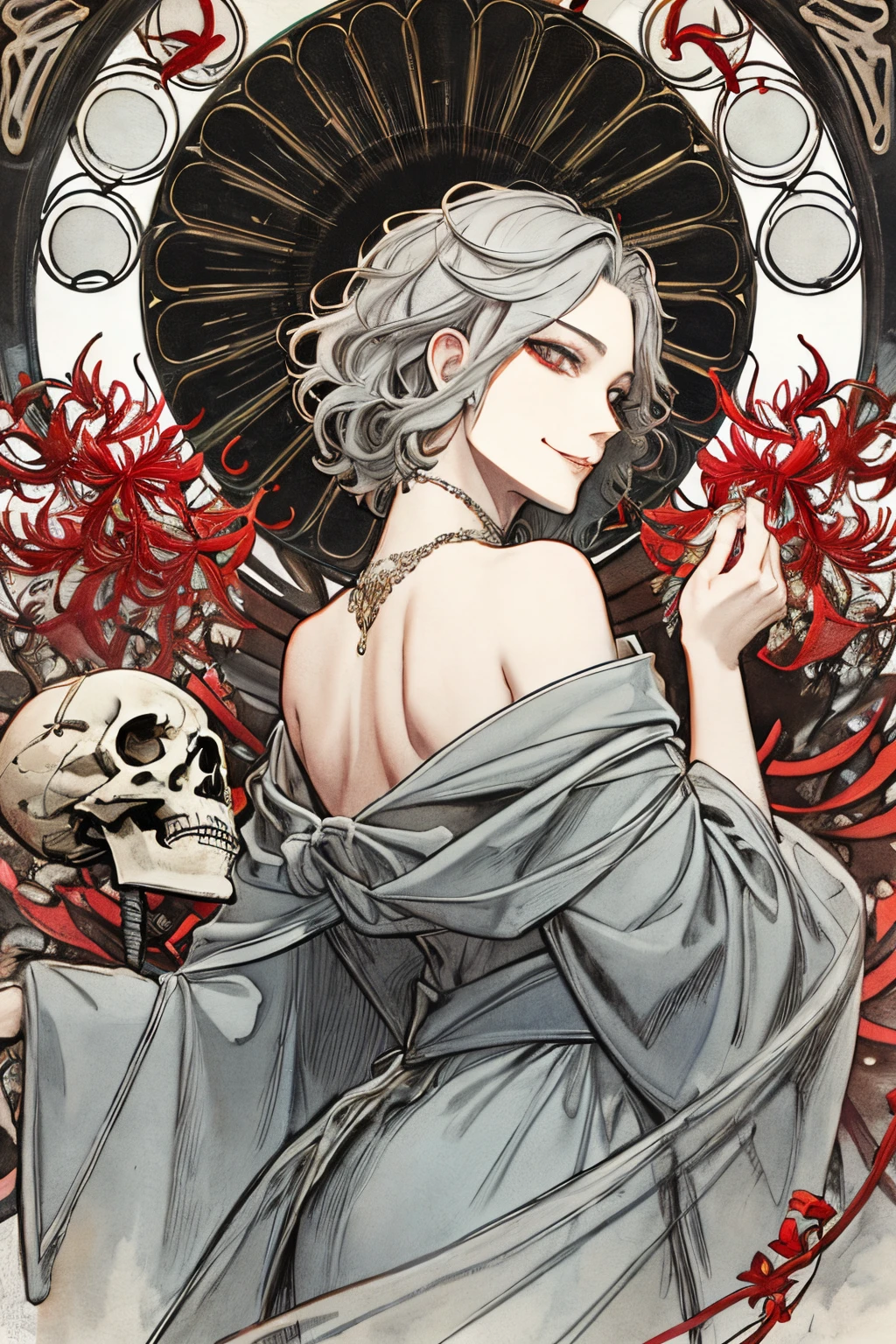 SFW,masutepiece, Best Quality, High resolution, 1boy, upper body, Details , detail hands, Detail fingers, Detail Face, detail legs, 1man, solo, wizard, watercolor paiting, in graveyard, skeltons, gray hair, short hair, wavy hair, gray robe, gray eyes, skeleton, skull, bone, (art nouveau:1.25), Maximalism artstyle, neon theme, suprematism, evil grin, beautiful detailed eyes,hyper detailed,beautifuly color,high details, high quality, back light, upper body , high quality, hair with body, cluster amaryllis