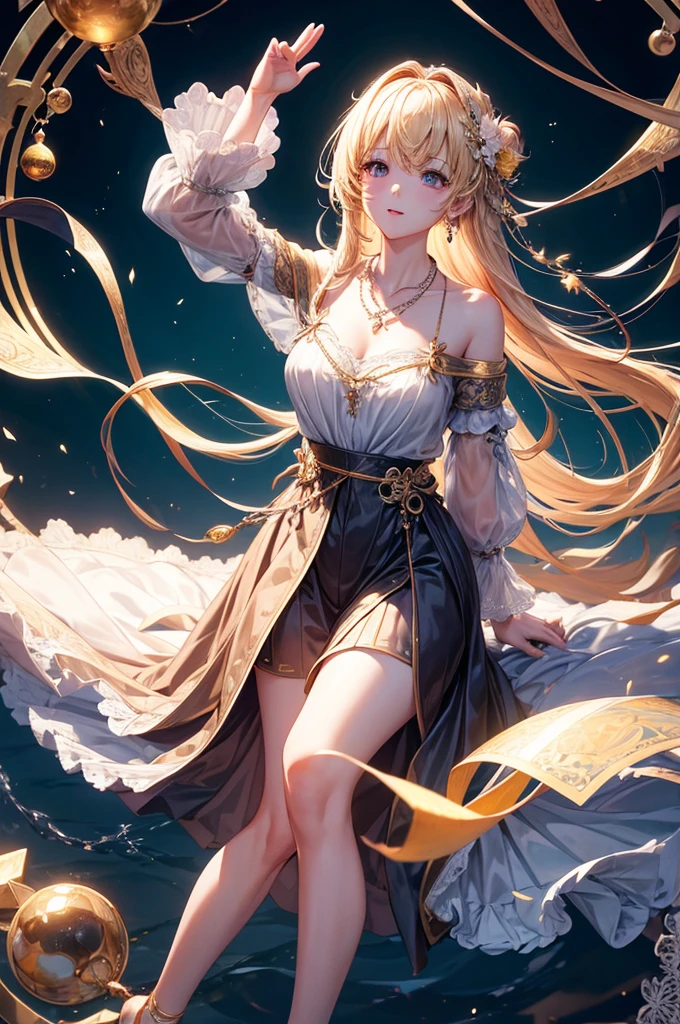 top-quality、masterpiece、hight resolution、女の子 1 人、hair adornments、a necklace、jewely、美丽的面容、on the body、Tyndall effect、photoRealstic、Dark Studio、Rim Lighting、two tone lighting、(high-detail skin:1.2)、8k uhd、Digital SLR、Soft lighting、hightquality、volume illumination、Frankness、a picture、hight resolution、4k、8k、Bokeh、mideum breasts、Open fingers、(hair-color:a blond:1), full body
