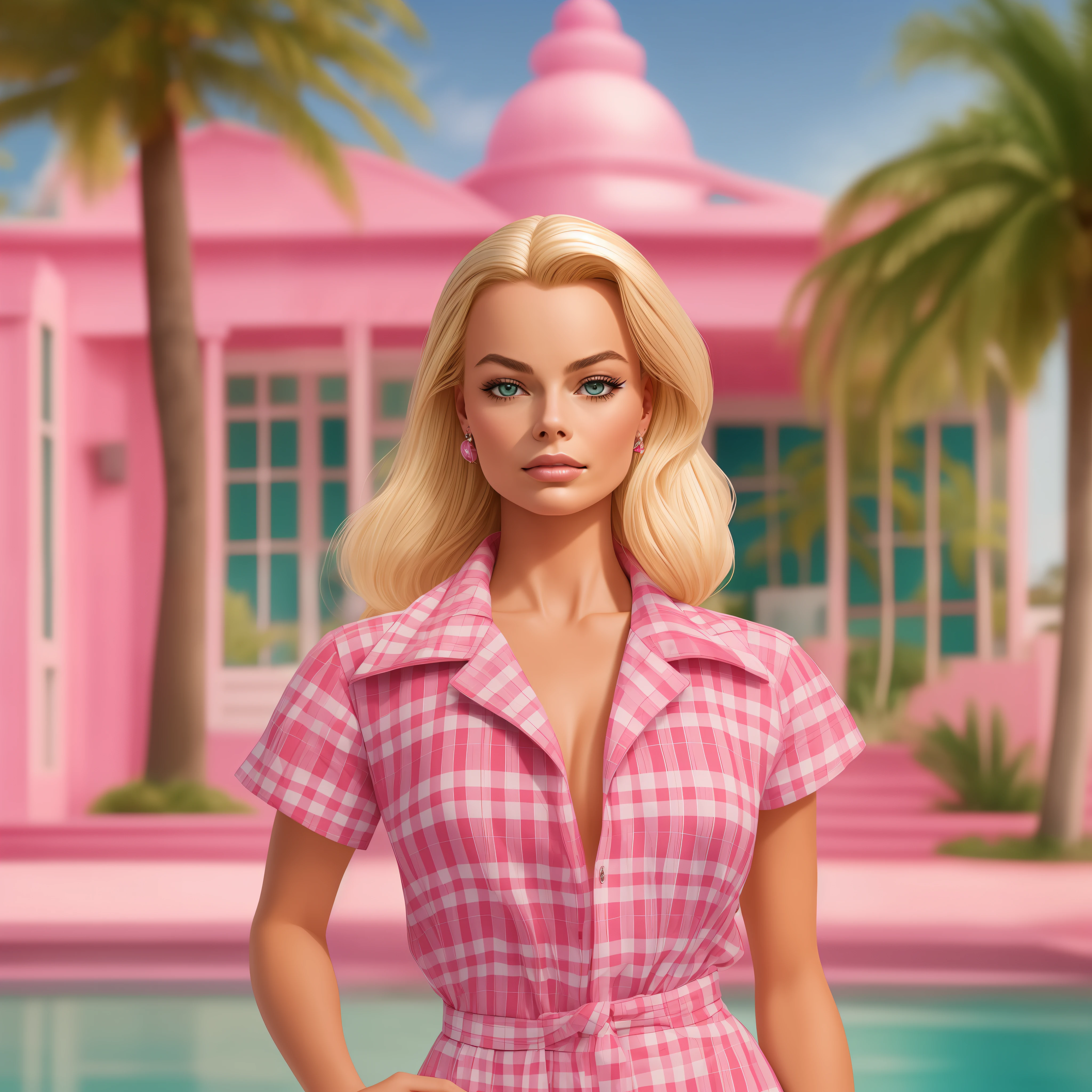 barbie, margot robbie, full body, with pink mansion in the background, palm trees in the background, ultra realistic photo, very high resolution, high definition face, 25 year old girl, fashionable plaid clothes, 80's style , film portrait photography, miami beach, realistic skin texture