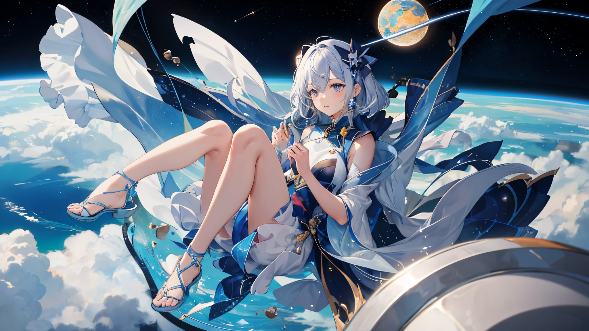A fleeting girl floating in space where the blue earth can be seen。Holding both knees and looking down。My eyes are far away。At the bottom right corner, click"Shie"characters。