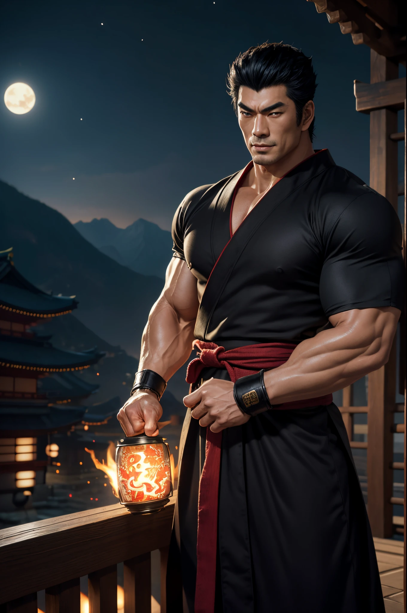 8K,Asian man wearing a kimono,big muscular muscular body,Black dog ears,super handsome asian,Mature man with short black hair, Red eyes,Best Quality, handsome yukata, Gray and black Japanese bathrobe, Flame black dog pattern on costume(Super precise black dog work)wear men&#39;s kimono,Energetic, White socks, in bad, masutepiece, 超A high resolution, Detailed background, reality, Single, 1 Japanese male, Muscle Man, In front of the temple at night, Torch lighting, depth of fields, handsome action, big dynamic,super realistic skin,underground underworld,Boldly smile,bandage both arms,demon hunter costume,karate,Fantasyart,character art,handsome raoh(Fist of the North Star)