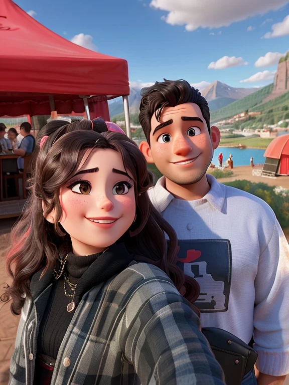Arafed man and woman taking a selfie in front of a red tent, 😭 🤮 💕 🎀, both smiling for the camera, 🔞🤡, en una pista de carreras, Charli Bowater y Artgeem, with mountains in the background, por Romain brook, Imagen de perfil, colinas en el fondo, by Nándor Katona, Foto de perfil