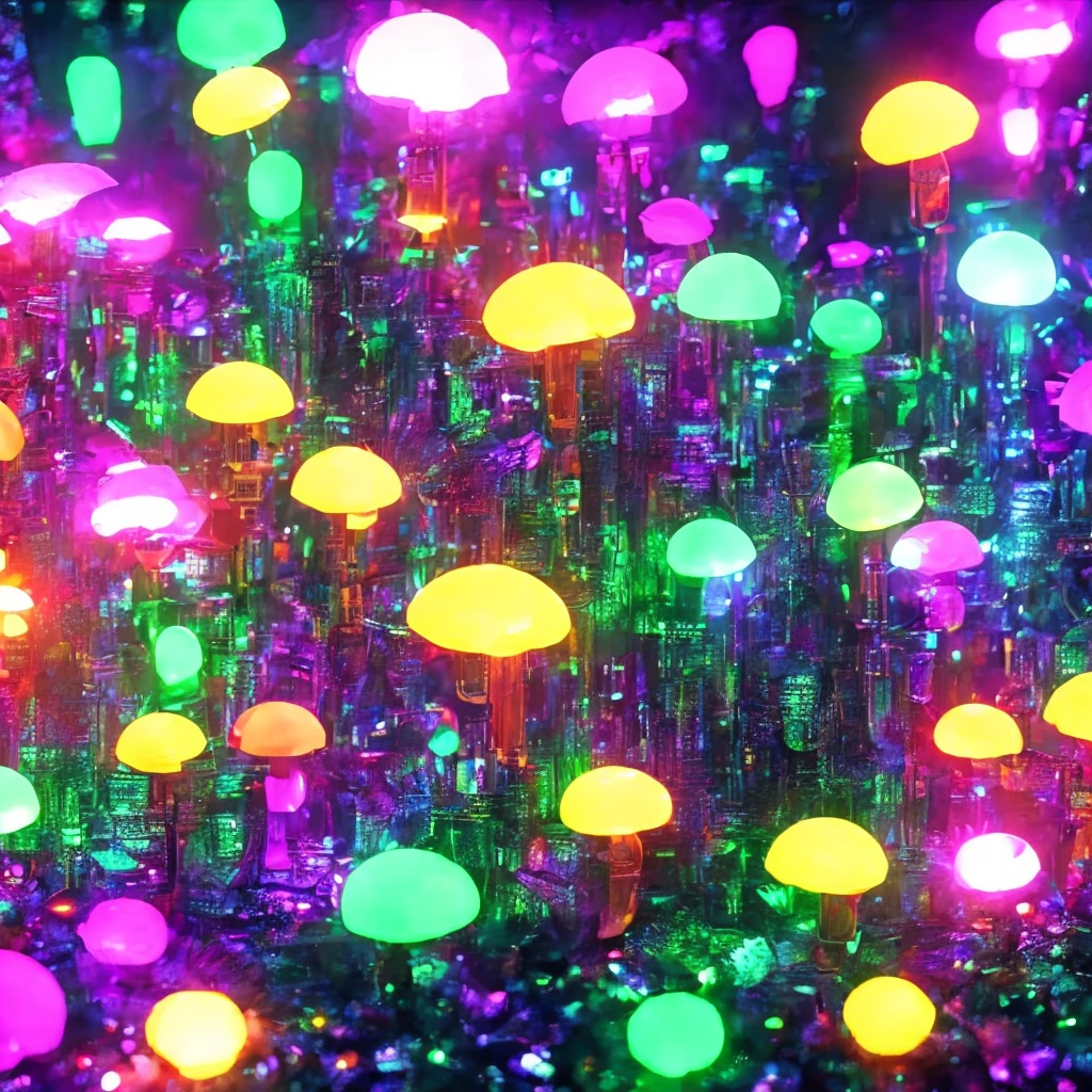 Highest image quality，8k，cyber punk perssonage，Glowing mushrooms，Neon lights，Sci-fi glowing mushrooms