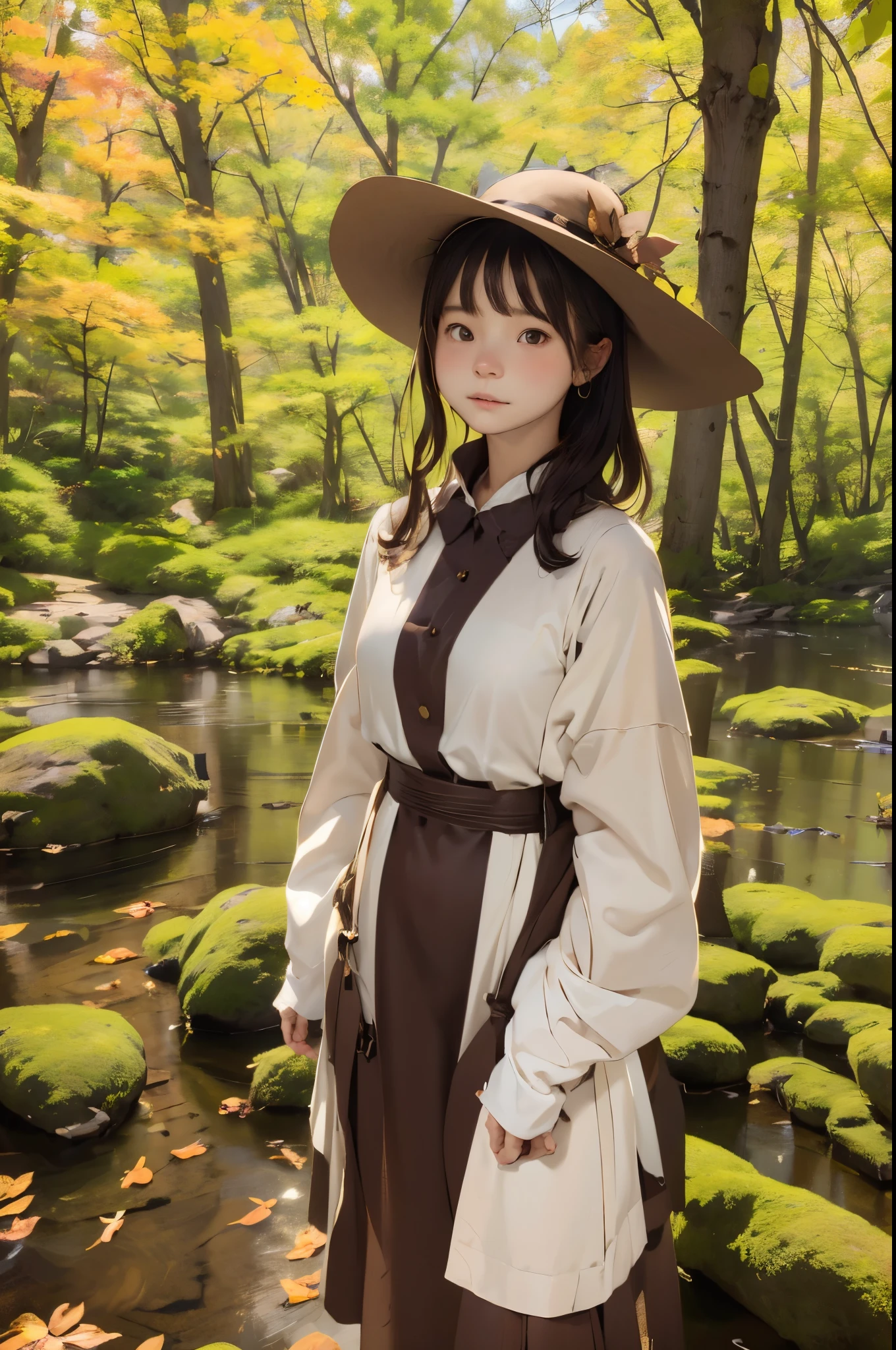 masuter piece、独奏、Little woman、a short bob、Natural color clothing、Natural look、top-quality、ultra-detailliert、High quality detailing、8k、Colored leaves:1.5、deep autumn forest、Tree leakage day、Silence