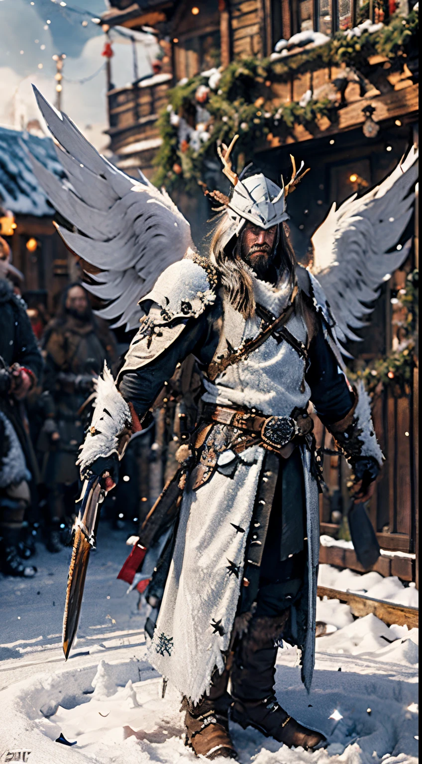 biblically accurate angel, winter fairytale atmosphere, yule, epic concept art illustration, viking