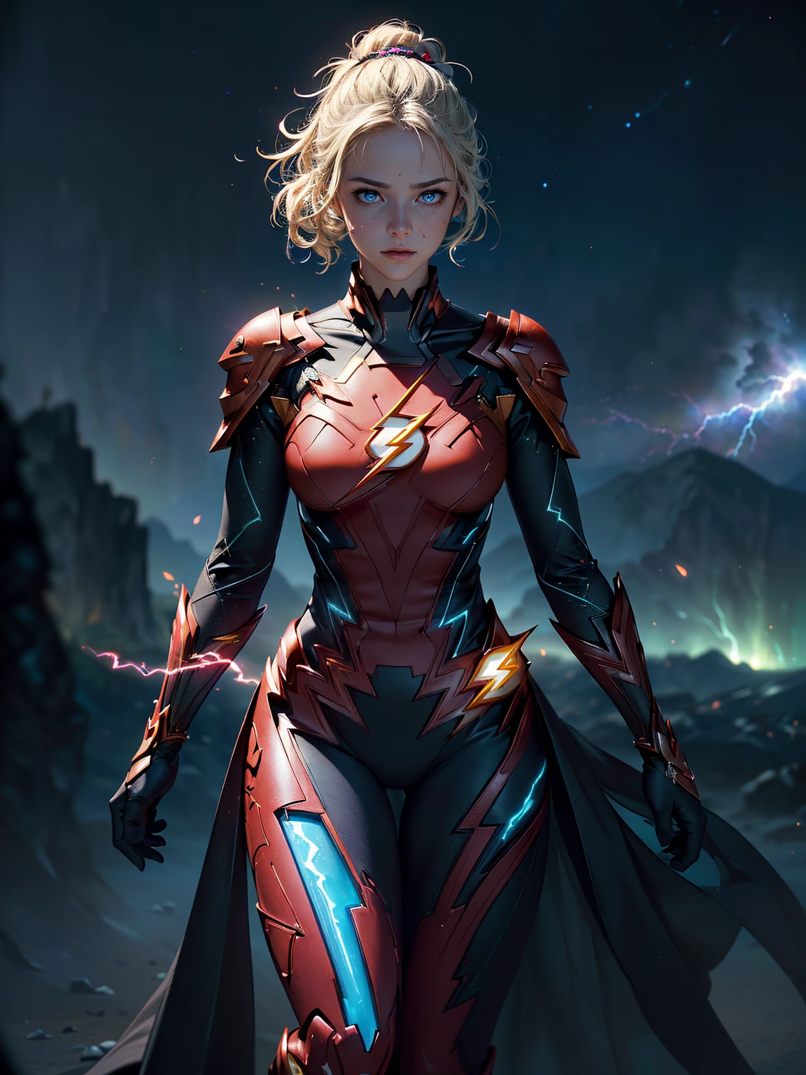 ((masterpiece)),(best quality), ((mature 1woman)), ((intricate clothes, perfect body)), ((cinematic)), dynamic:1.2, particles:1.2, (pastel:1.2), (intricate cinematic background:1.2), (depth of field), (action movie), amazing, ((dramatic scene from movie)), powerful, realistic light, (((Gaussian blur:1.2))), (ultra realistic:1.3), ((bloom effect:1.2, soft lighting)), The birth of Creation, ((energetic and colorful streams of light in an epic galactic sky on background)), with professional color grading, soft shadows, no contrast, clean sharp focus, nebula, UHD, HDR, 16K, knight, armor, ((blue glowing lightnings)), (the flash inspired:1.5), (ultra glowing eyes with lightnings:1.3), (goddess of speed), (epic look), detailed face, perfect hands, (((intricate detailed clothes))), (3d artstyle:1.2)