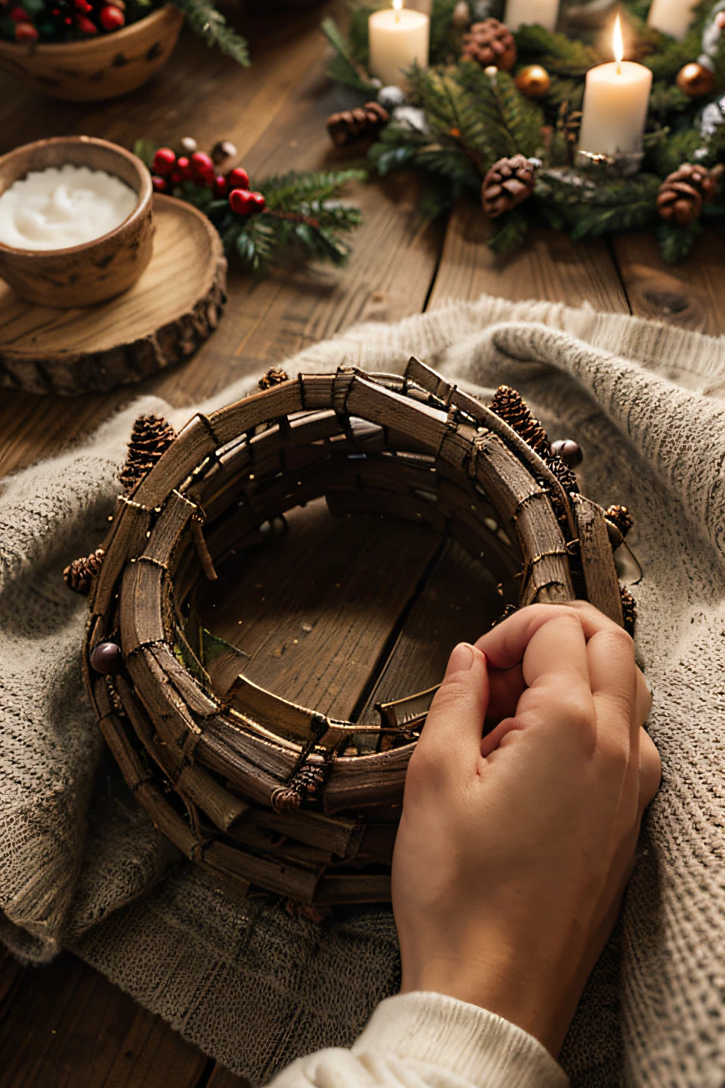 Hands in a cozy sweater make a rustic Christmas wreath from fir branches, Pine cones, twine, bells on a wooden table, close up. Preparing for the winter holidays, atmospheric time