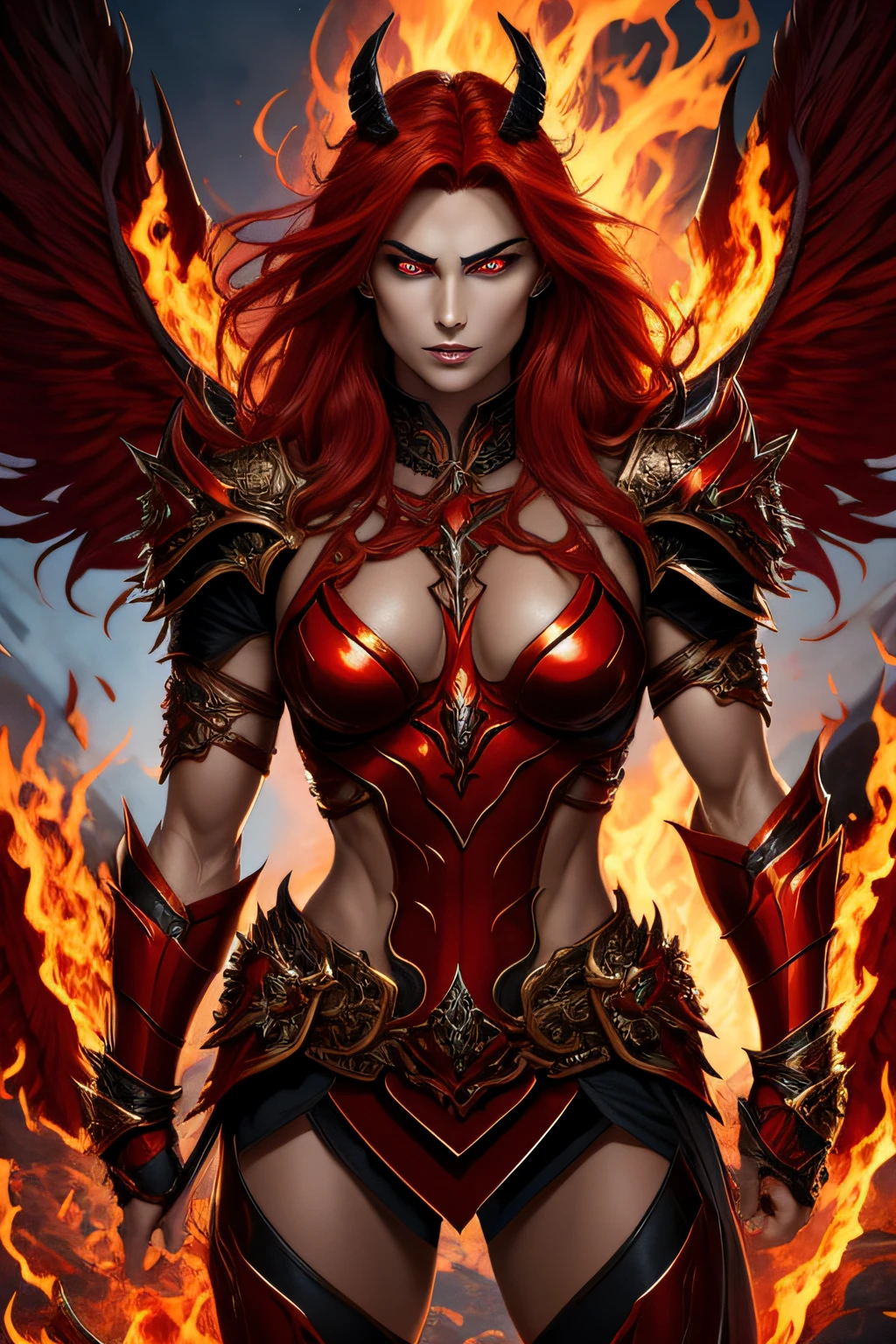 Demon woman. Full face. European. Has a pleasant look. Smooth tanned skin. Seductive smile. Strong, sculpted arms. Fiery red hair. Red shining eyes. Sexy black demon armor. Strong exposed abs. Shining Angul angel wings behind his back, burning with fire.