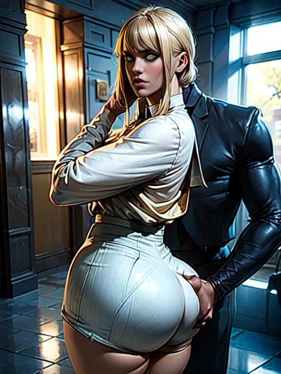 The woman, (nice huge ass:1.3), makima \(chainsaw man\), (blonde hair)+(Bangs), blue eyes, golden eyes, (Spiral eyes), bbw, school hallway setting, she is walking, her hips are cocked to one side, shorts, multiple men, (((Image Macro Details))), Best Quality, Depth of field, 8K UHD, Film grain