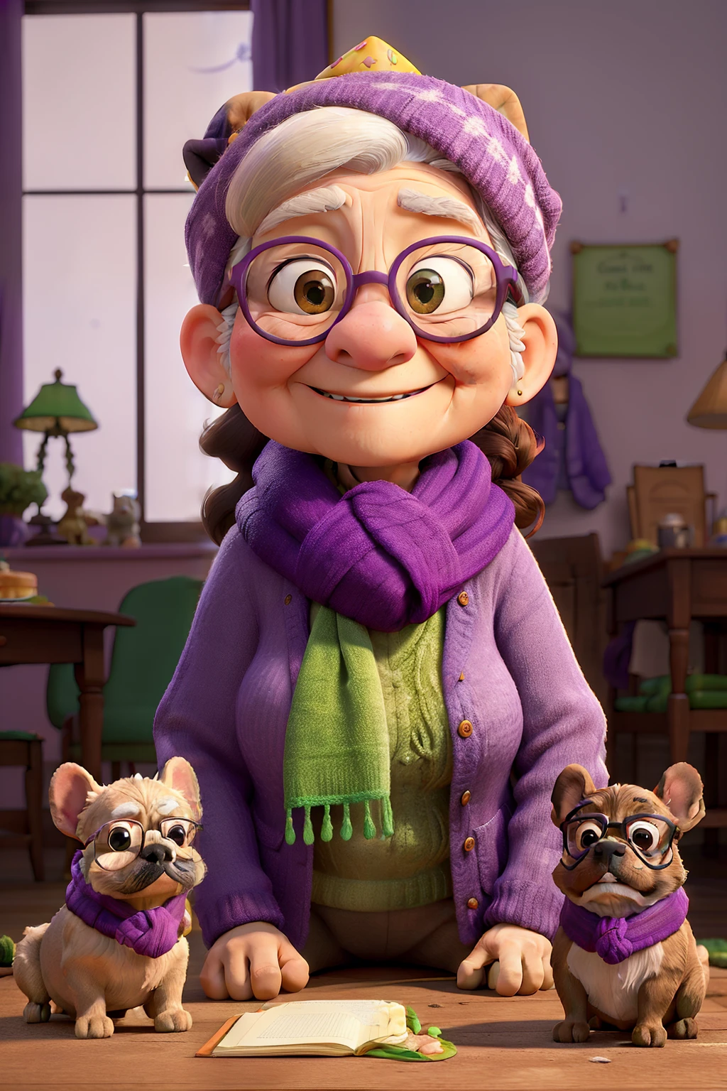 Obra-prima, de melhor qualidade, an elderly woman in glasses and a scarf, wearing a purple coat and green scarf, sitting with birthday cake and her French bulldog dog by her side