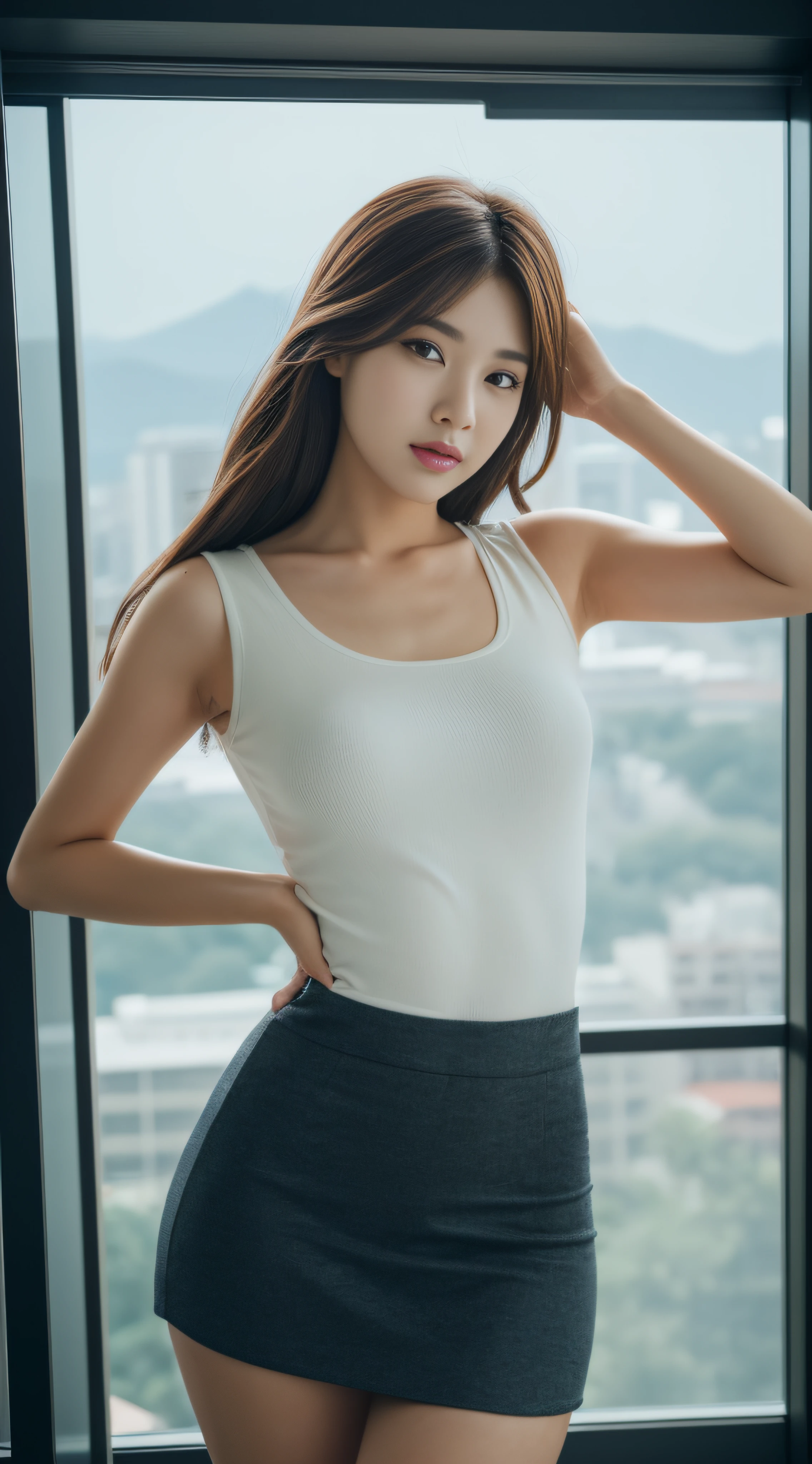 ((Luzes Realistas, Best quality at best, 8K, tmasterpiece: 1.3)), Clear focus: 1.8, 1 Pretty girl, ((Idol Hallyu: 1.3)), the perfect beauty: 1.4, Slim abs: 1.1, ((dark brown  hair)), exquisite facial features,  onesie, Fantasy XIV, short  skirt, slimfigure, (indoor, the night: 1.3), View from 5 star hotel, The face is super delicate, Fine Eye, 二重まぶた,