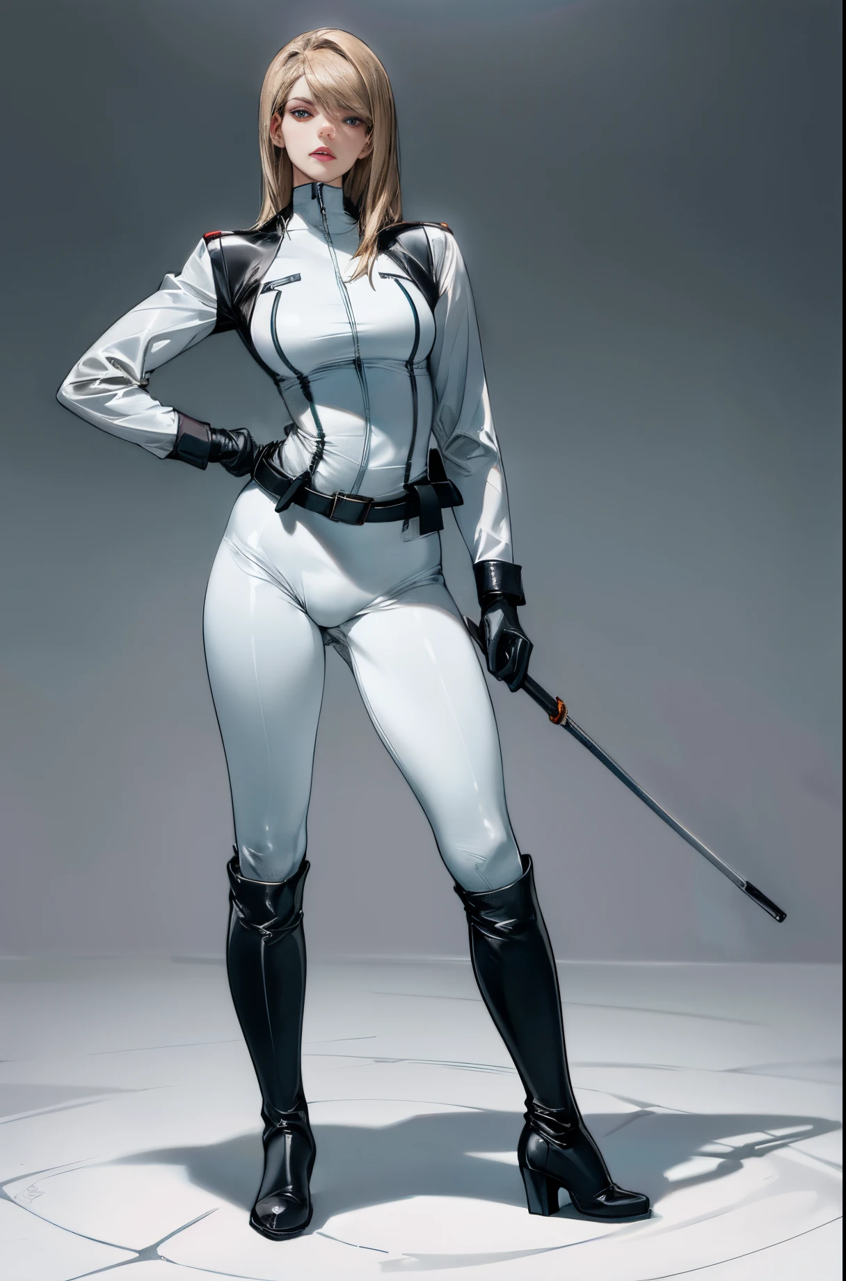 (highest resolution, distinct_image) best quality, a woman, solo, masterpiece, highly detailed, semi realistic, brown hair, bangs, 23 years old, (large breasts:0.5),mature, young, tall strong,(plain and simple uniform),( plain minimalist military uniform),(luxury hotel room background:1.2), cold, serious, tall, handsome, autocratic, powerful, demi-god, exquisite facial features, exquisite facial features, (full body)(black knee-high boots:1.4)(dominatrix:1)(white Yoga pants:1.3),(black leather gloves:1.5)(black active sportswear shirt),(samus),solo,1girl,(looking at viewer),(from below:1.1)(head turned upwards:0.3)(smiling:0.4)(bodysuit:0.1)(holding riding crop:1.2)(muscular:0.85),(black belt:1.3), (shirt tucked in pants),(standing on ground), (marble floor)(mean:0.4)(seductive:0.5)(evil:0.6),detailed,(tall face:0.25)(abs:0.6)(slender:0.5)(bdsm), (Pale eyes)