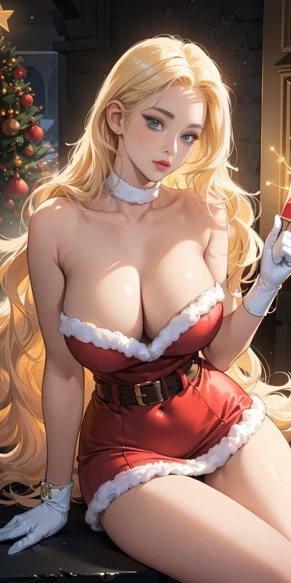 Perfect and round ??????? ((bust-89cm)) ((waist-60cm)) ((????-88cm)), beautiful 28-year-old woman, (("platinum blonde shimmering wavy hair with long and very voluminous locks)) ( (cute and beautiful woman)), bedroom eyes, green eyes, detailed eyes, hyper-detailed eyes, light effect on the eyes, smokey eyeshadow, detailed iris, has an extremely ???? appearance, with incredible ??????? and perfect waist, and an extremely ???? body, short dress that will fit in fuzzy red with belts in celebration of Christmas. She wears fuzzy red gloves, beautiful heavy makeup, cleavage, Christmas tree celebrations ((work -prime, hyper realistic, hyper detailed, best quality, 16k, light and shadow effect on skin), eyeliner on the eyes, cute expression, calm expression, perfect full lips parted, tanned skin, in the room, chimney, night, Christmas tree, Christmas lights on the chimney, beautifully seductive woman, sitting pose, seductive look, pose seductive, passionate, Christmas gifts