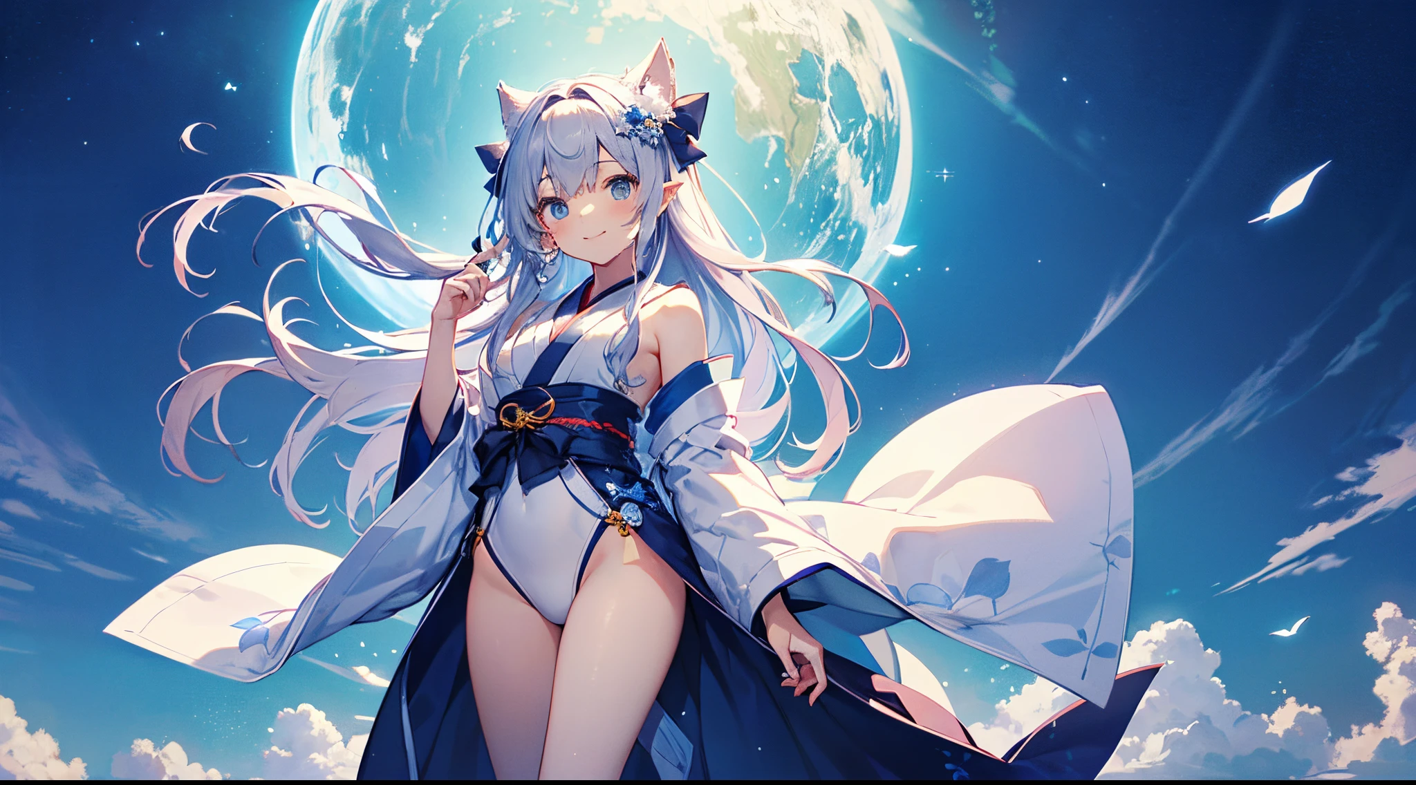 （white moon：1.4，rainbowing，Black sky：1.4）（gentlesoftlighting， depth of fields，Beautiful two-dimensional wallpapers）（Sweet 15-year-old ancient Chinese princess floats in the air，Strike elegant poses，face flushed:1.5，Meticulous hands，small red lips：1.7，eye shadows：1.2，ssmile，Cyan gorgeous long-sleeved Hanfu：1.6，blue color eyes，skyblue hair：1.4，exposed bare shoulders：1.5，Large breasts：1.6，Sexy waist-hip ratio：1.5，Sexy long legs，white short socks，French bangs，Two braids:1.6，The wind blows the hair：1.4，Fantasy scenes in ancient Chinese style）（Oyuki：1.5）