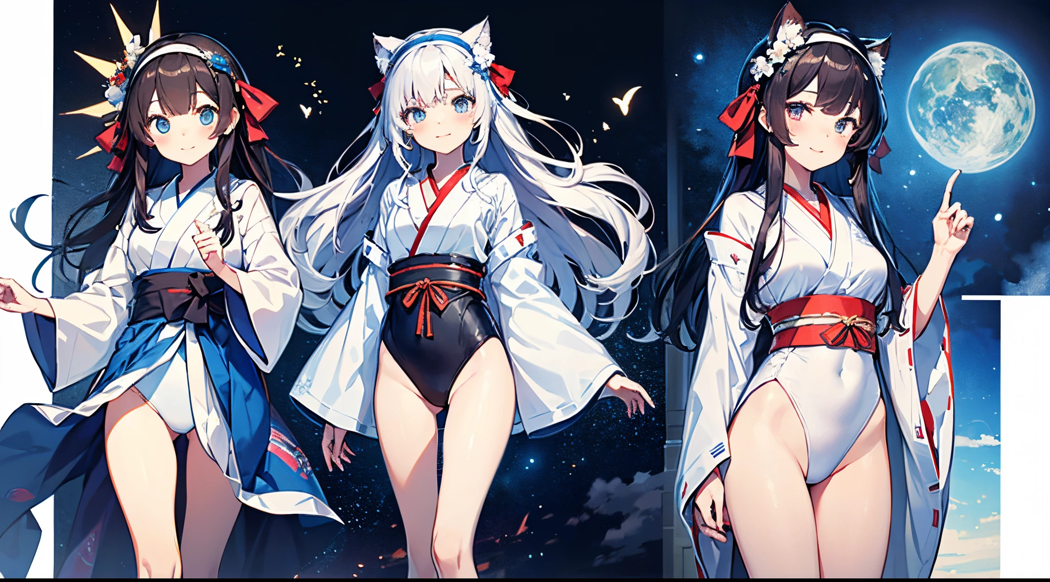 ((2D beautiful girl、top-quality、perfect finger 14、Perfect Anatomy 1.4、extremely delicate and beautiful illustration))、cute petit girl、(transform sequence)、((white shrine maiden leotard、blue decoration))、14years、a junior high school student、Fractal Art、baby-face、((stright long hair))、beatiful detailed eyes、Show your teeth and give your best smile、Full Body Display、(two individuals)、blue open sky、majestic shrine、pretty headband、Canine ears、